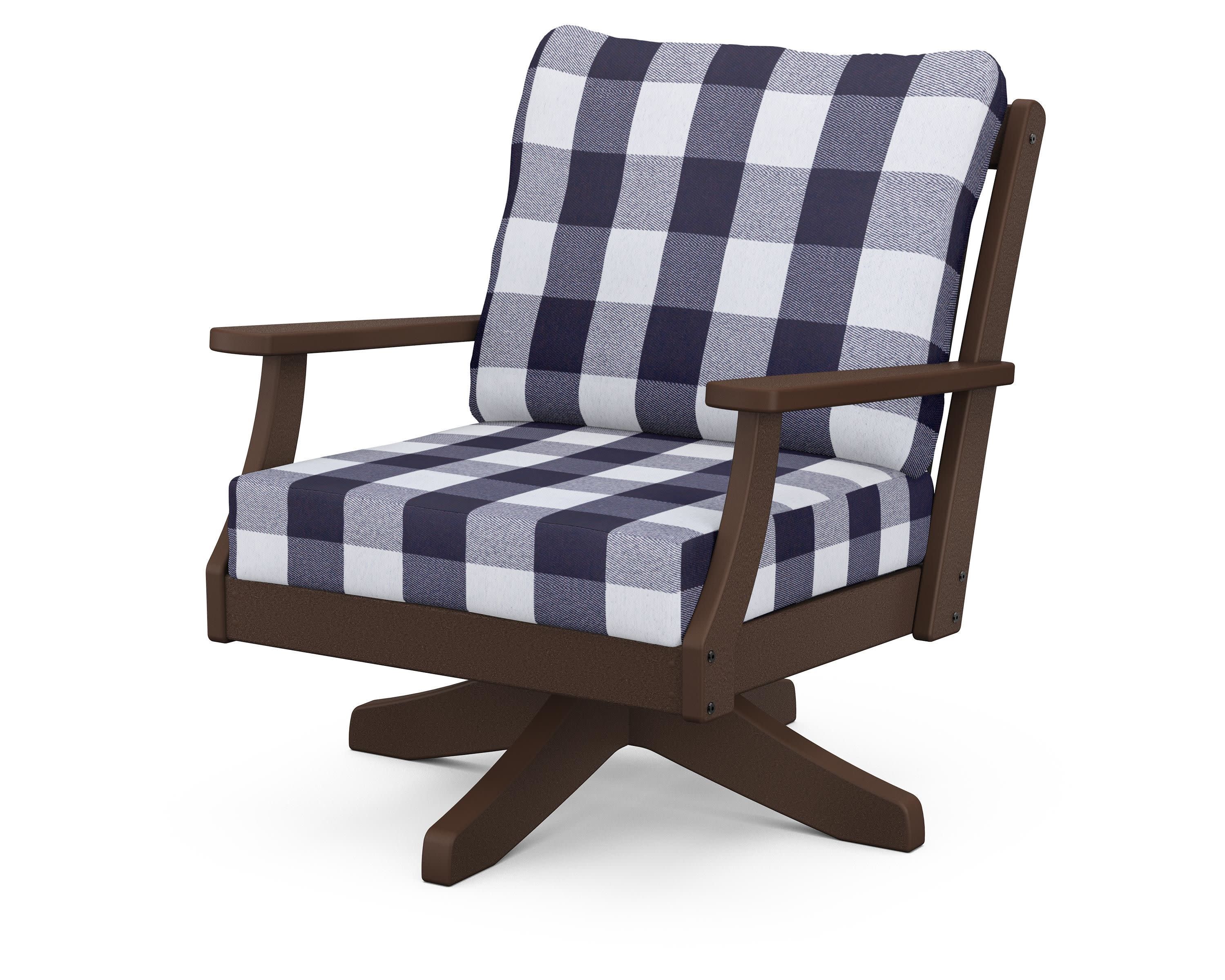 Braxton Deep Seating Swivel Chair in Mahogany / Buffalo Plaid Navy
