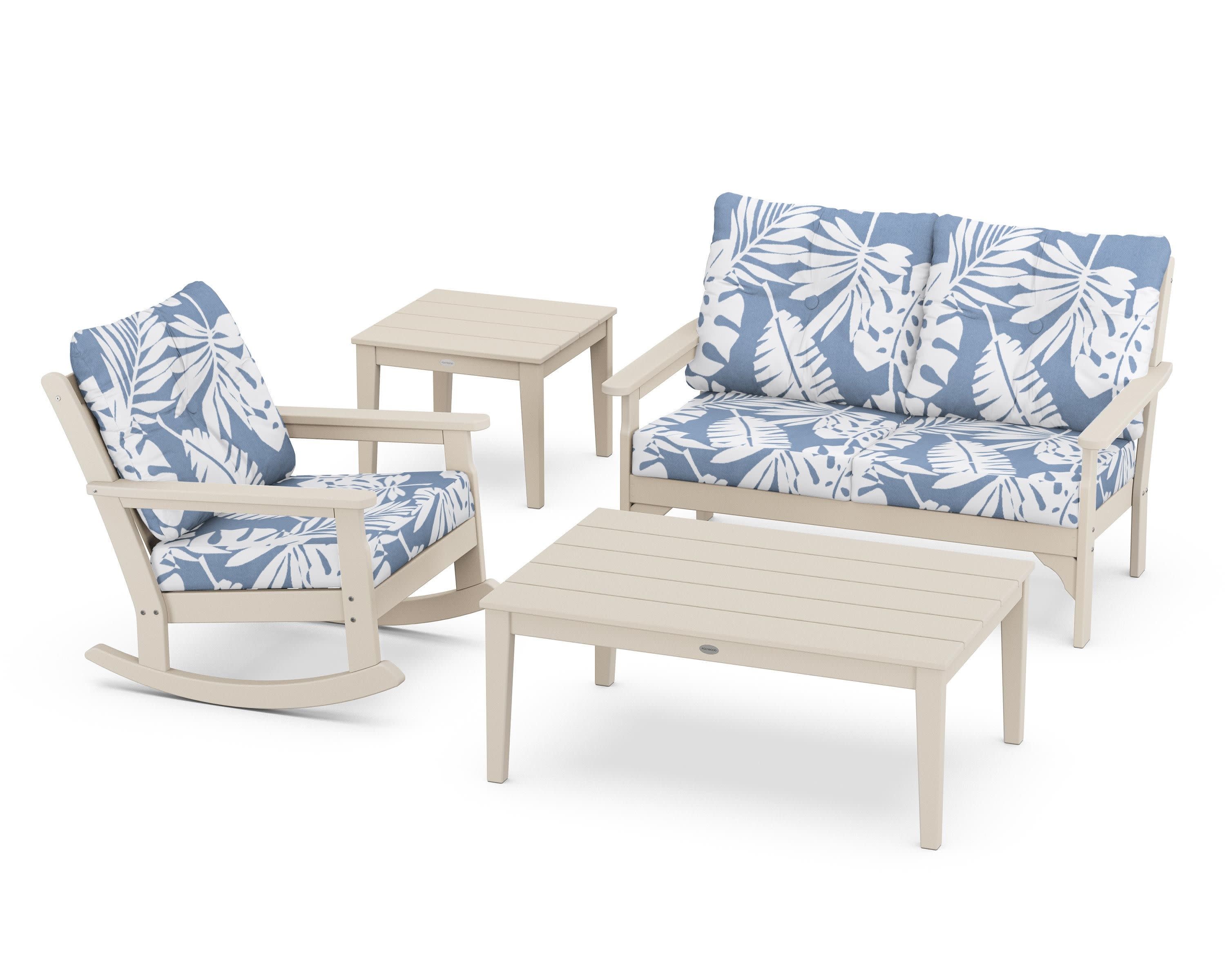 Vineyard 4-Piece Deep Seating Rocker Set in Sand / Leaf Sky Blue