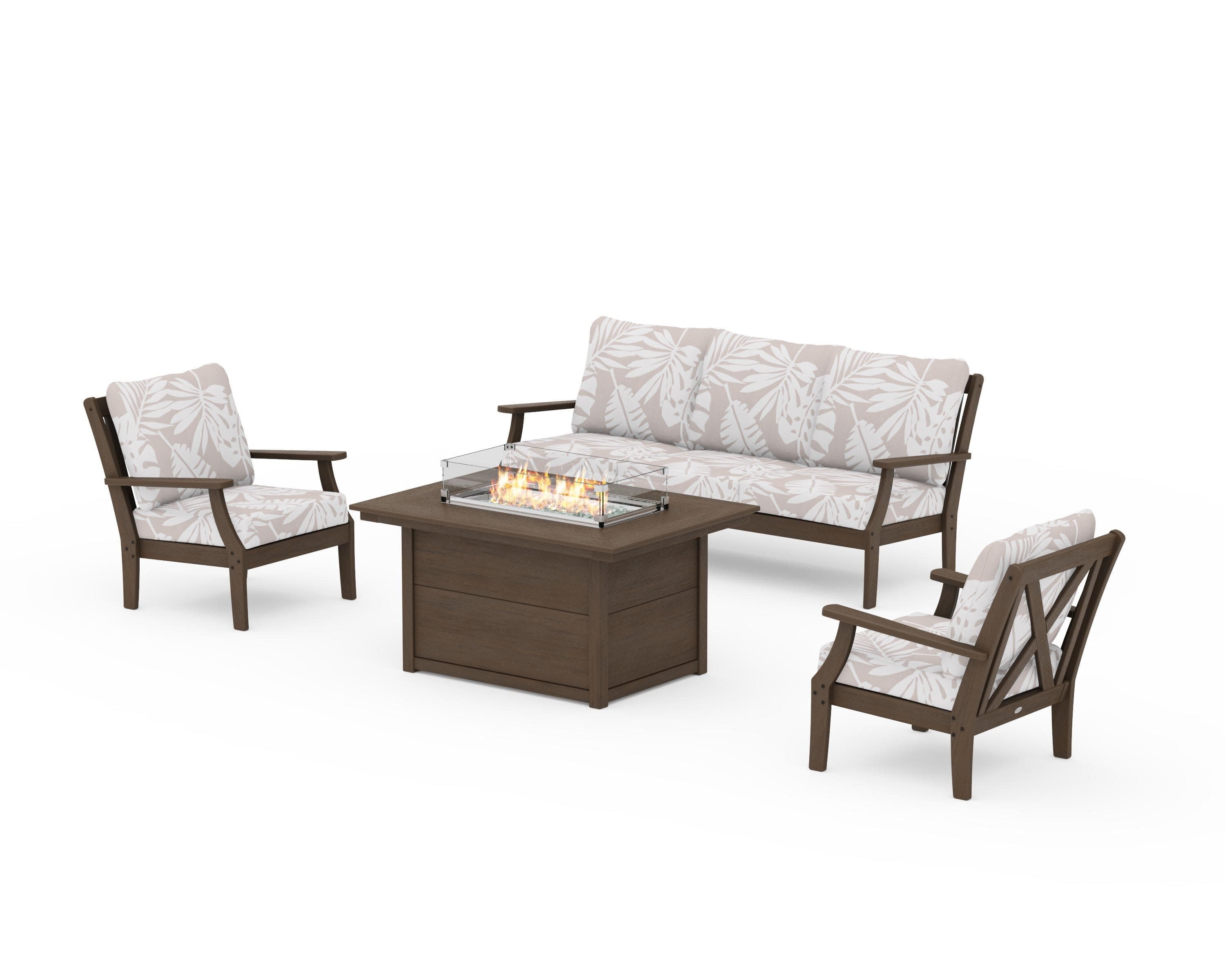 Braxton Deep Seating Fire Pit Table Set in Kona / Leaf Dune Burlap