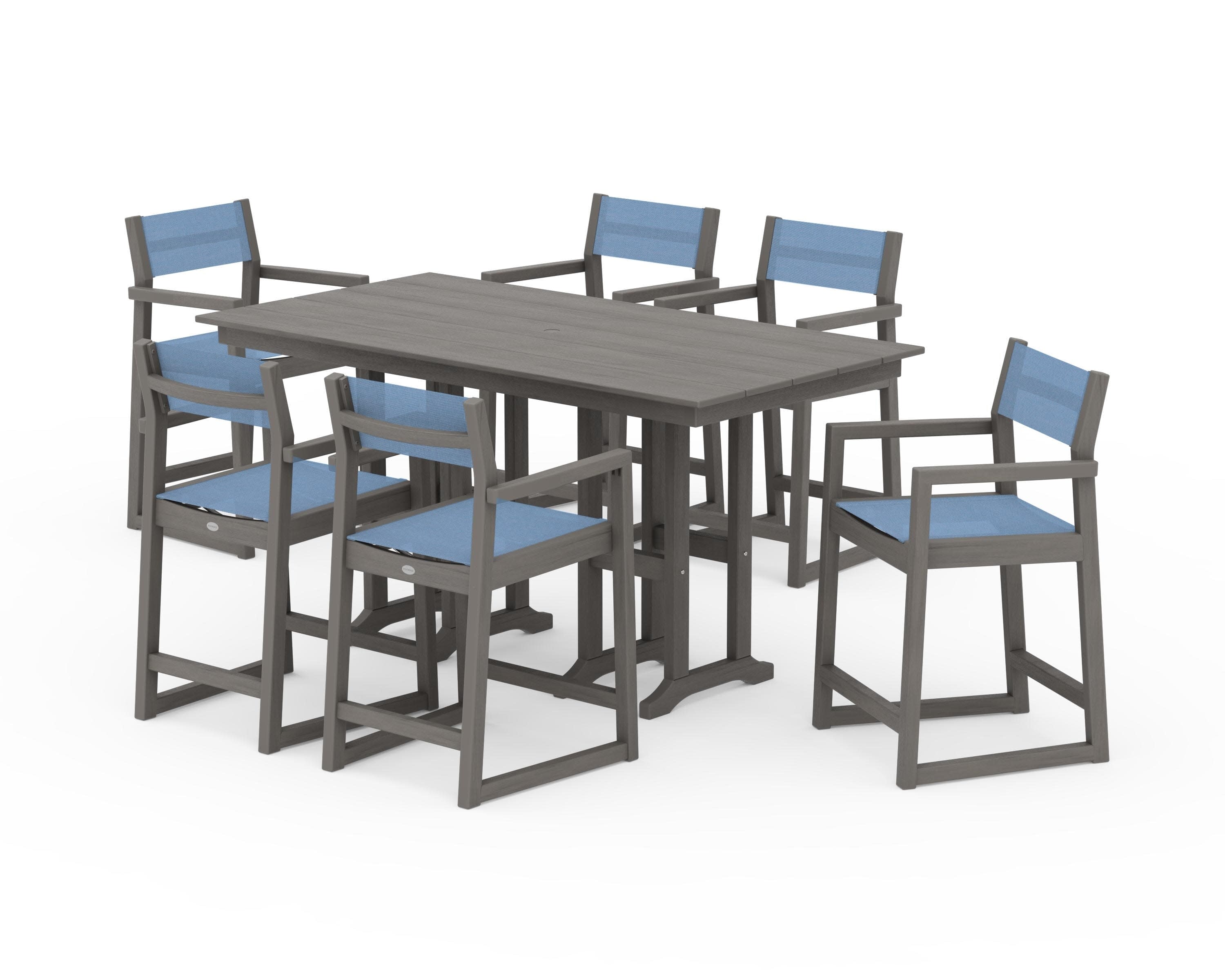 EDGE Sling Arm Chair 7-Piece Farmhouse Counter Set in Driftwood / Poolside Sling