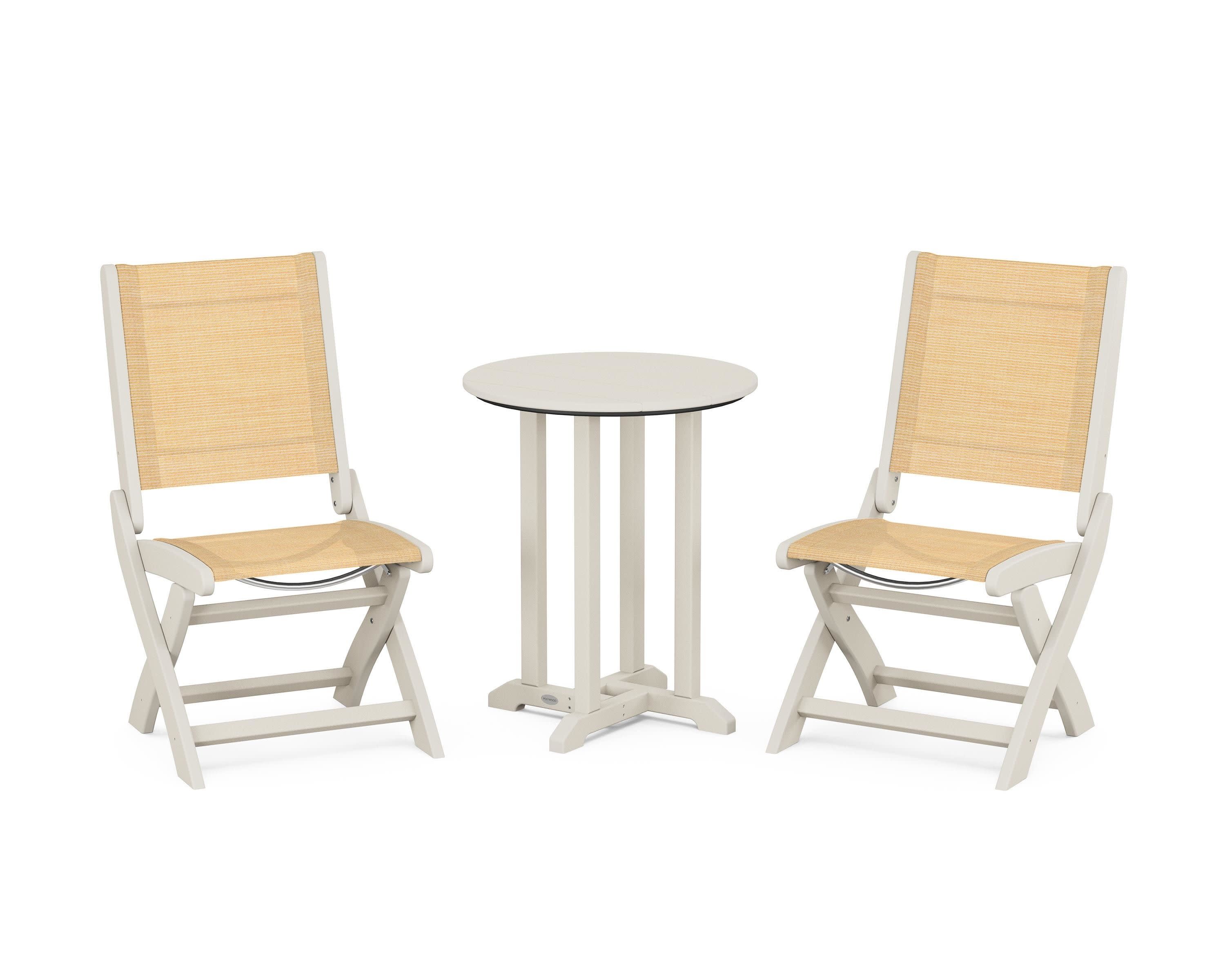 Coastal Folding Side Chair 3-Piece Round Bistro Dining Set in Sand / Dupioni Apricot Sling
