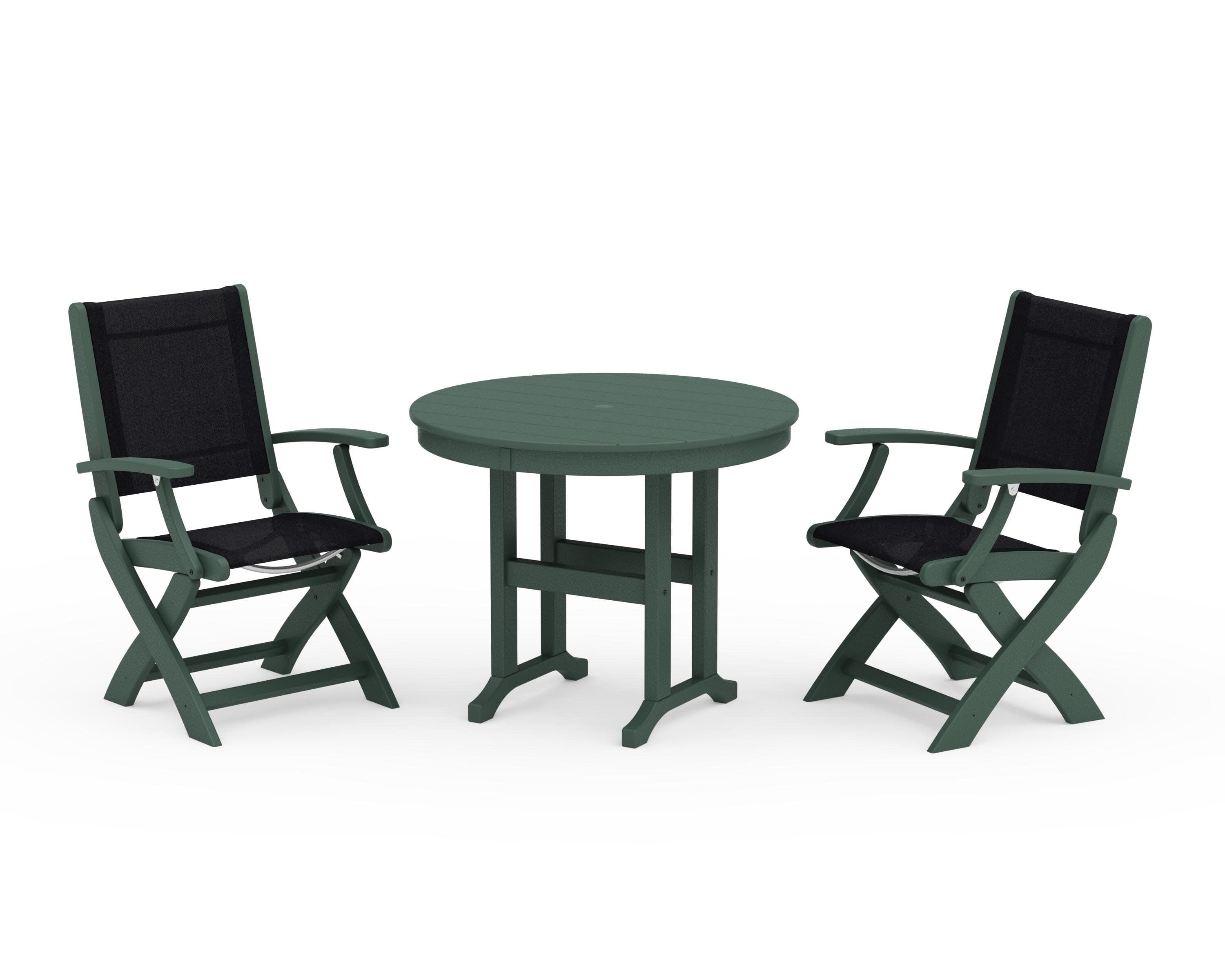 Coastal Folding Chair 3-Piece Round Dining Set in Green / Black Sling