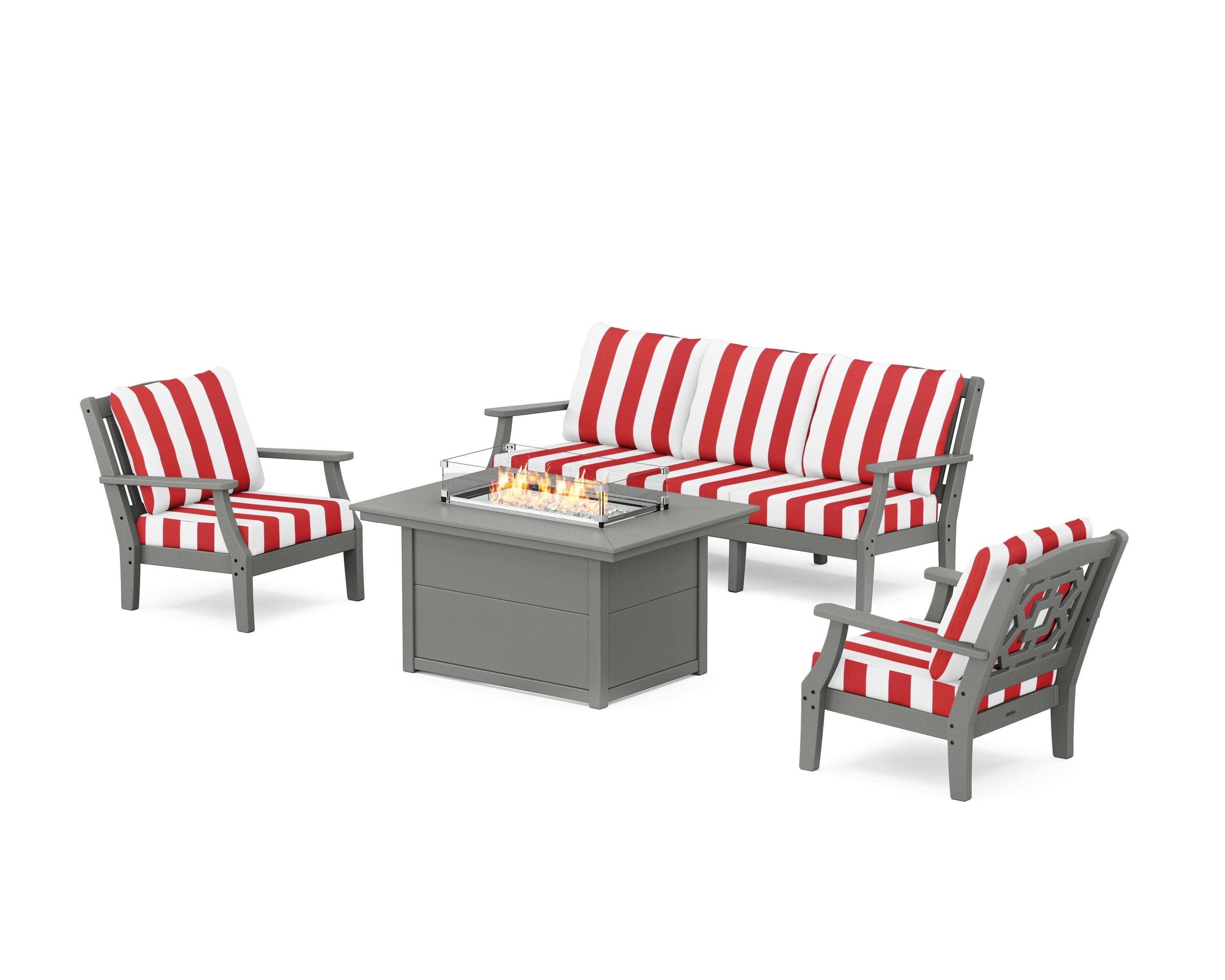 Chinoiserie Deep Seating Fire Pit Table Set in Slate Grey / Cabana Stripe Crimson