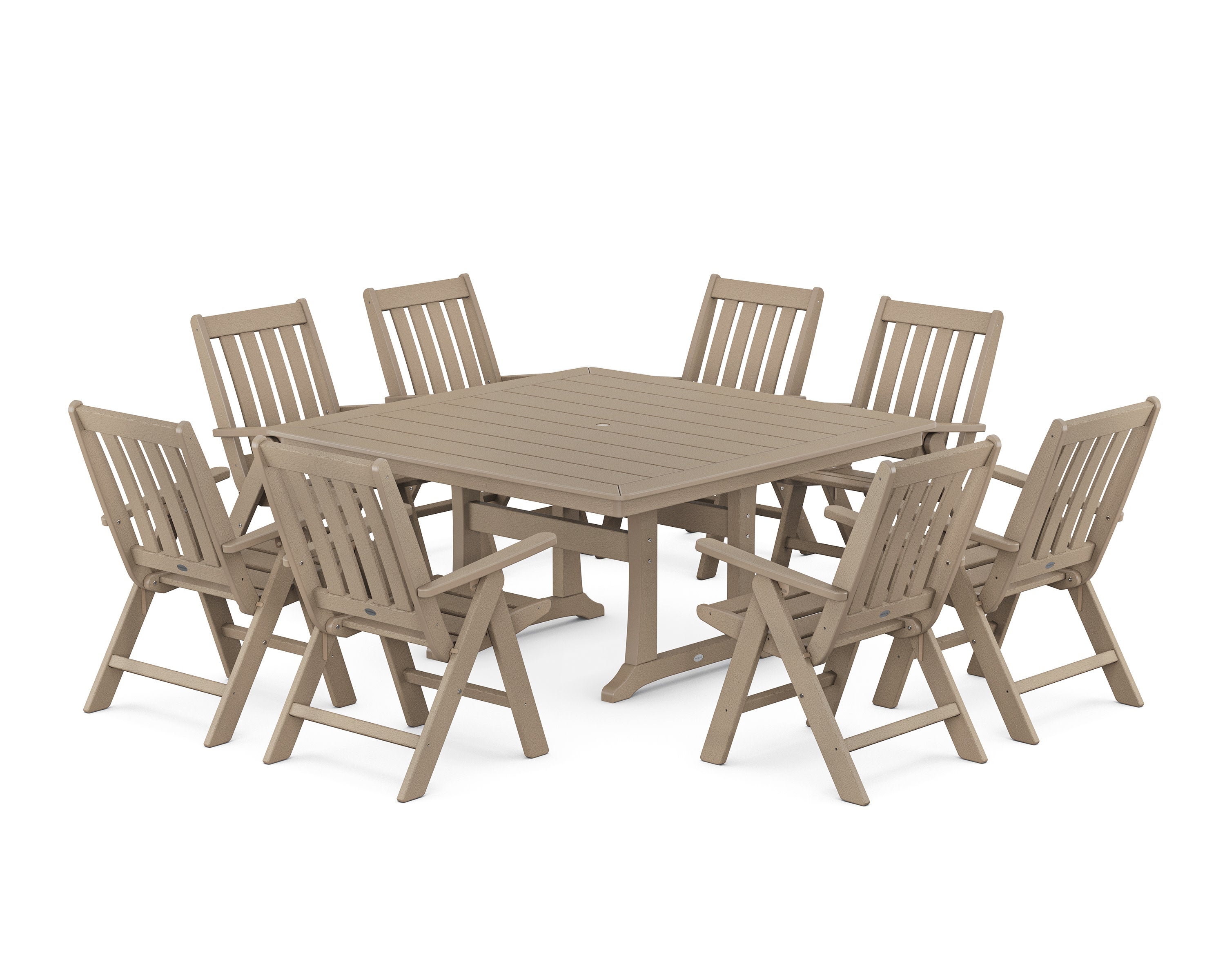 Vineyard Folding Chair 9-Piece Square Dining Set with Trestle Legs in Vintage Sahara