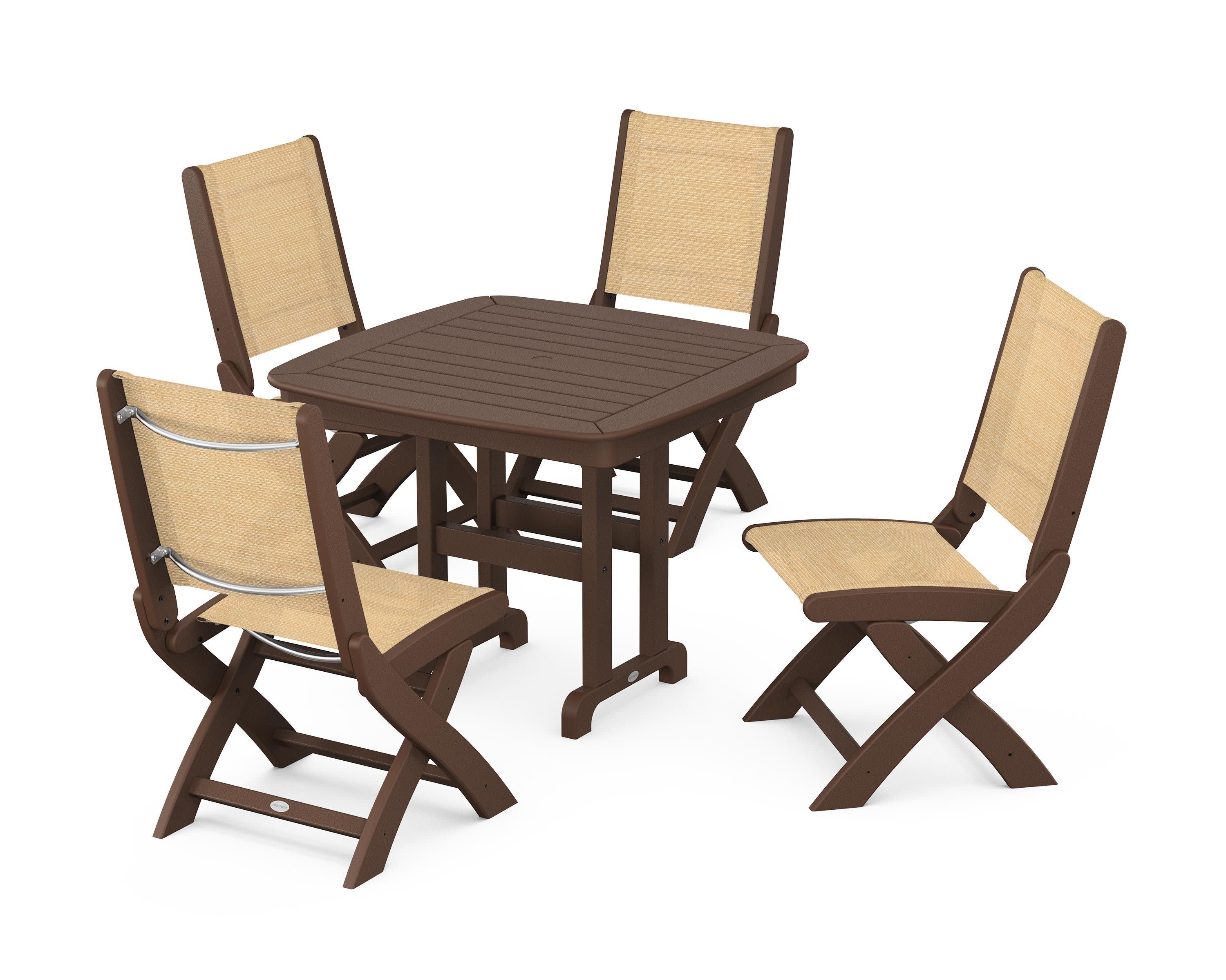 Coastal Folding Side Chair 5-Piece Dining Set in Mahogany / Dupioni Apricot Sling