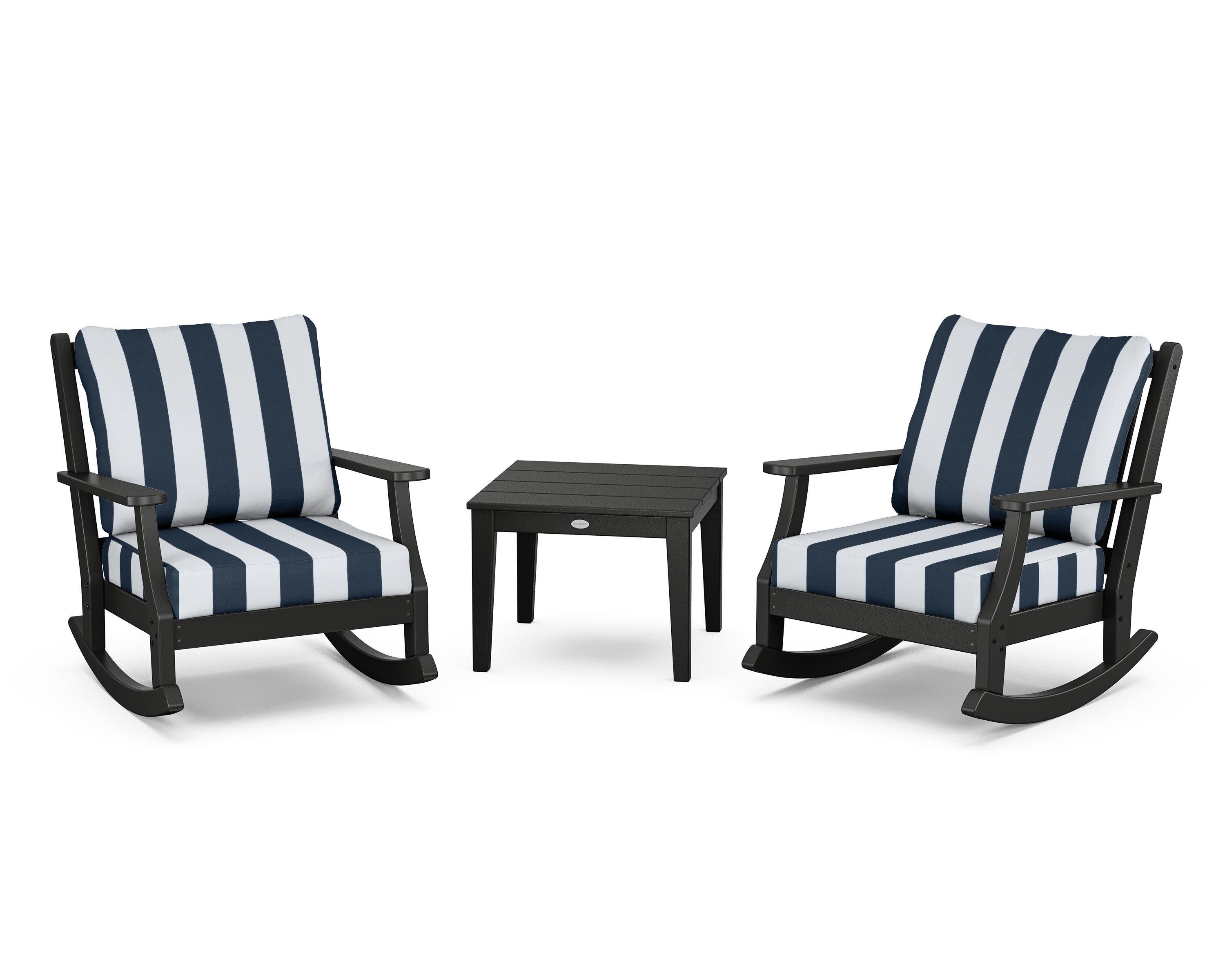 Wovendale 3-Piece Deep Seating Rocker Set in Black / Cabana Stripe Marine Indigo