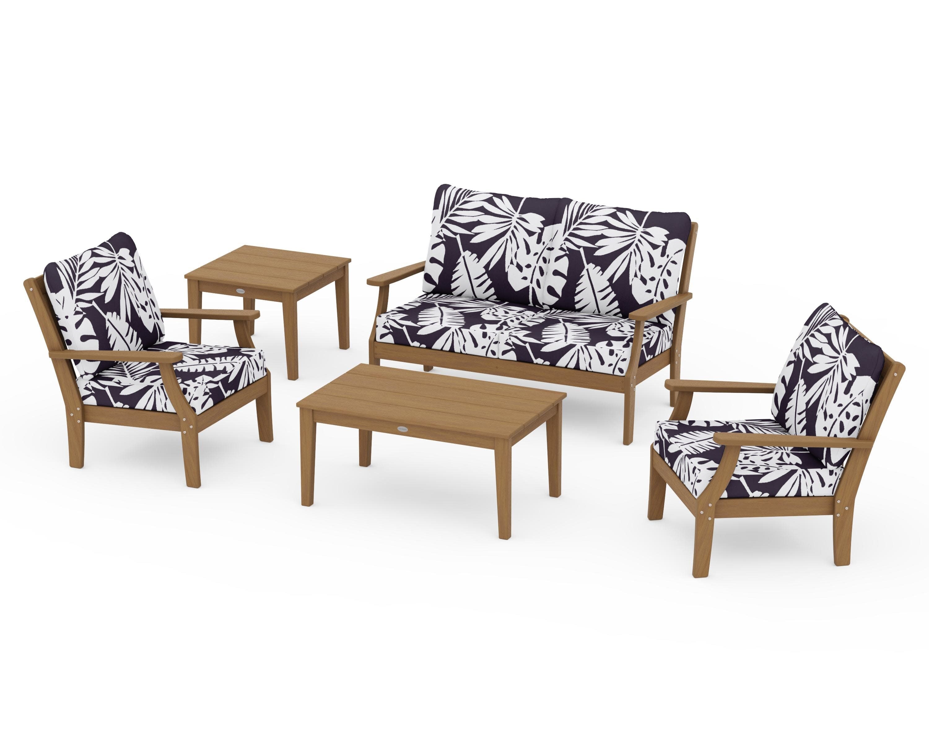 Braxton 5-Piece Deep Seating Set in Natural / Leaf Navy