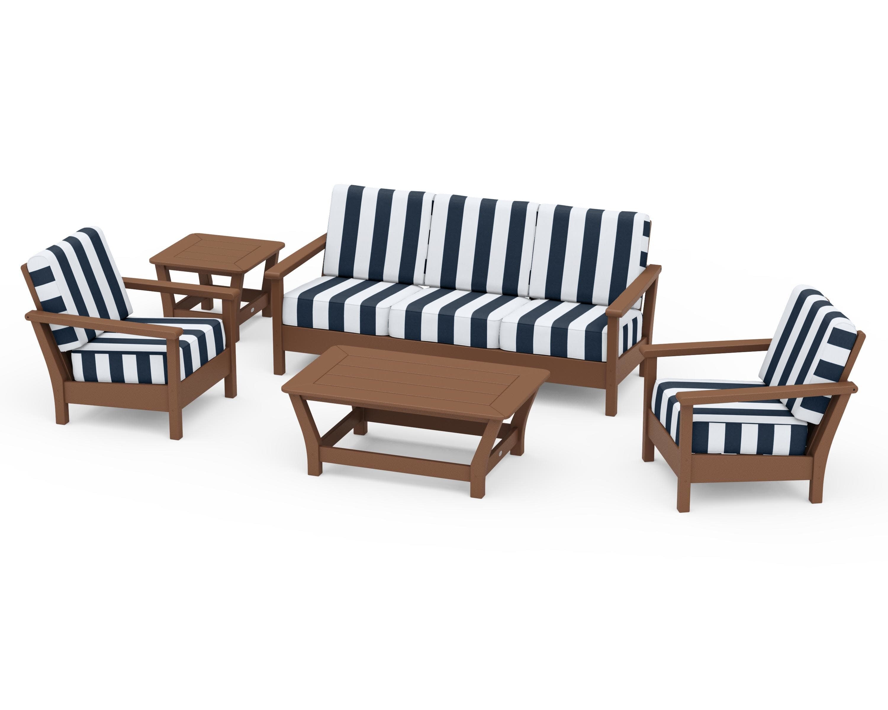 Harbour 5-Piece Deep Seating Set in Teak / Cabana Stripe Marine Indigo