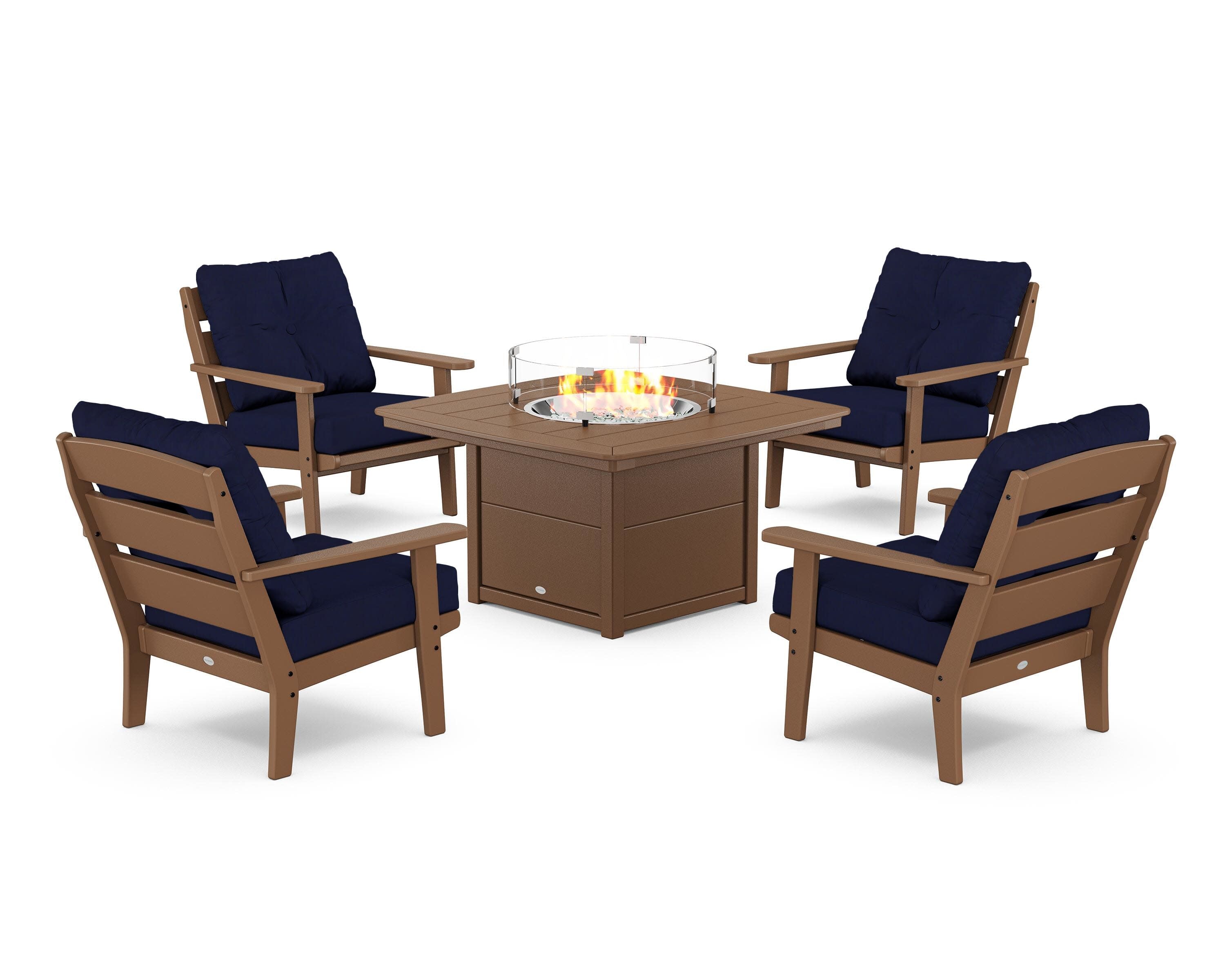 Lakeside 5-Piece Deep Seating Set with Nautical Fire Pit Table in Teak / Navy