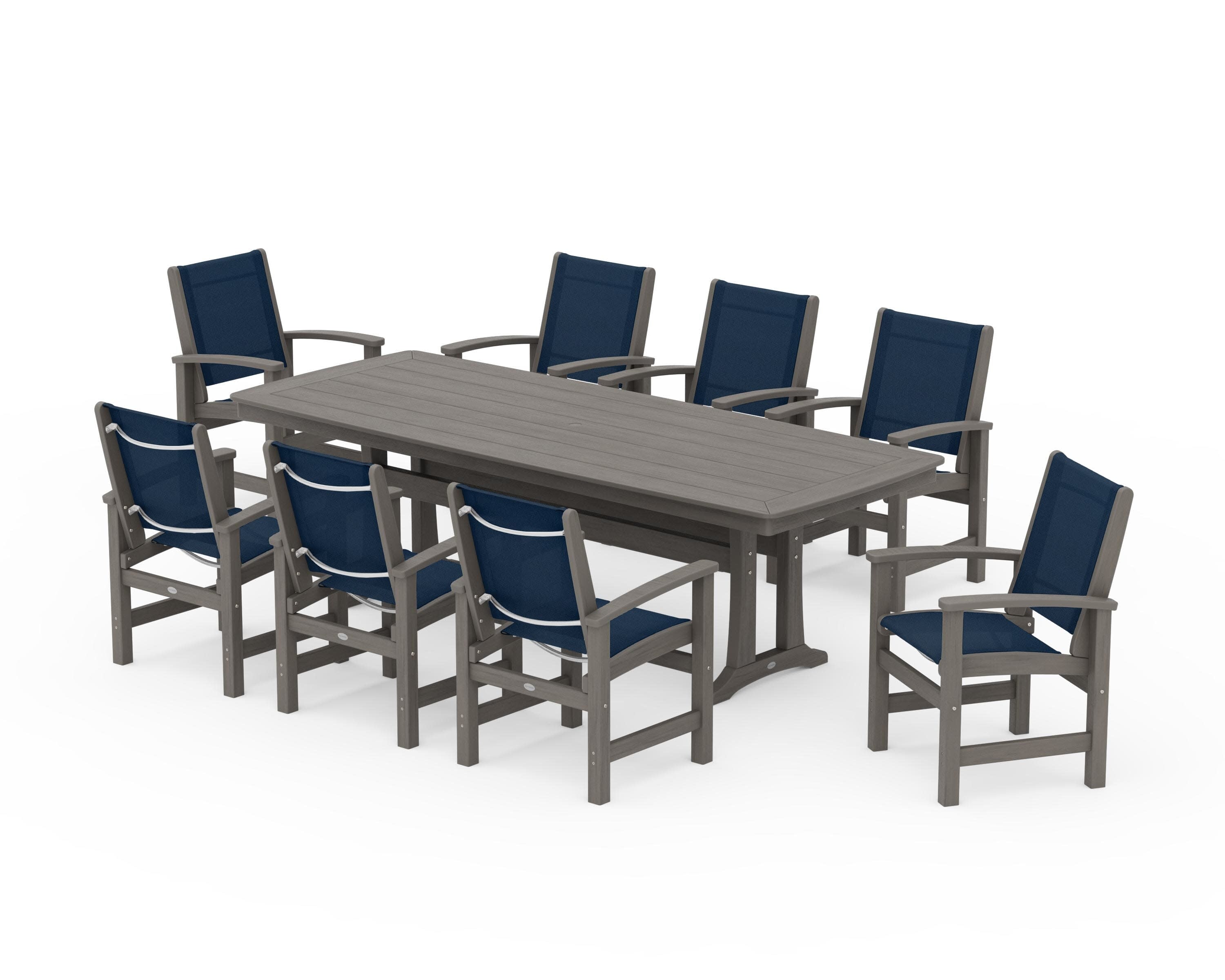 Coastal 9-Piece Dining Set with Trestle Legs in Driftwood / Navy Blue Sling