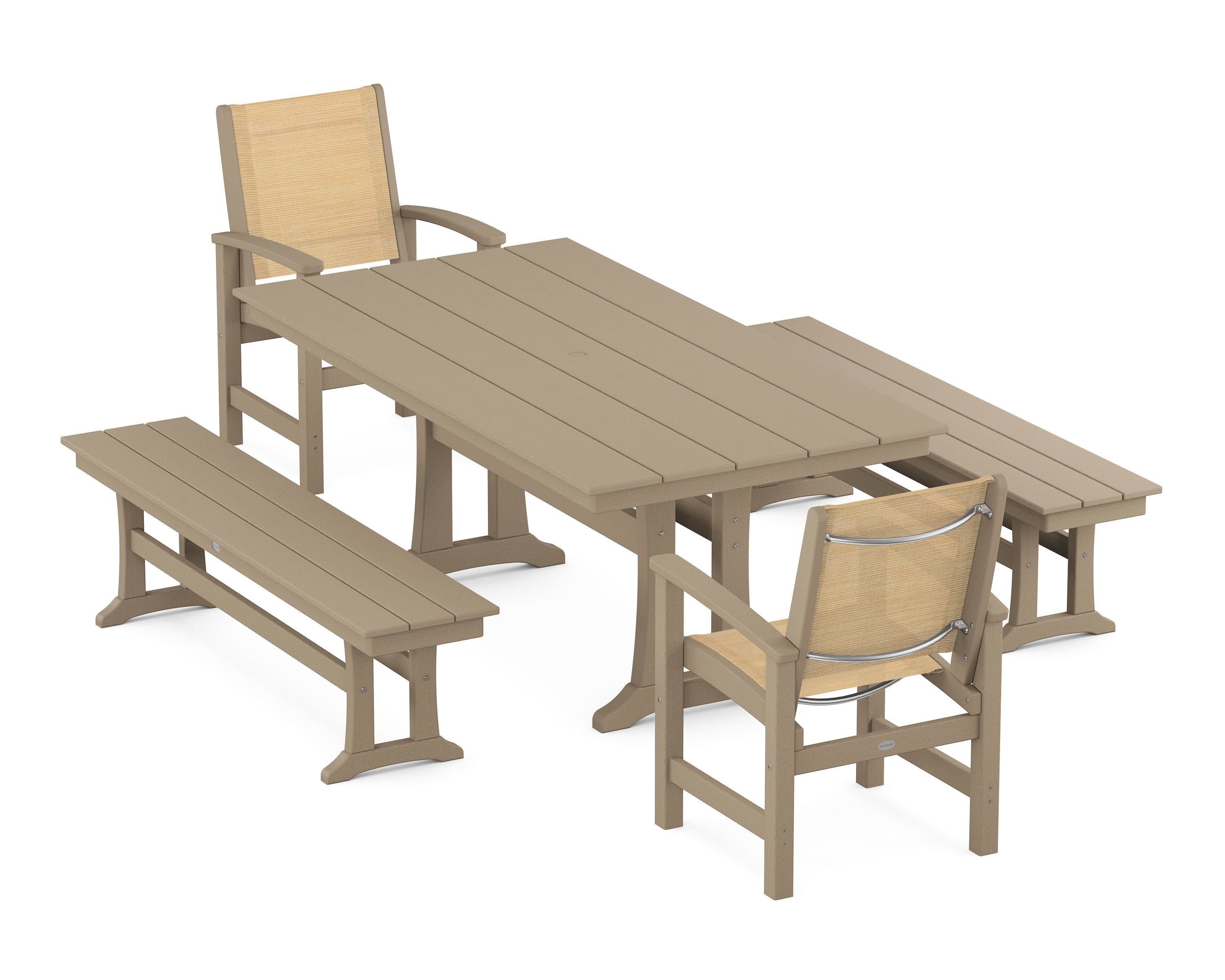 Coastal 5-Piece Farmhouse Dining Set with Trestle Legs and Benches in Vintage Sahara / Dupioni Apricot Sling