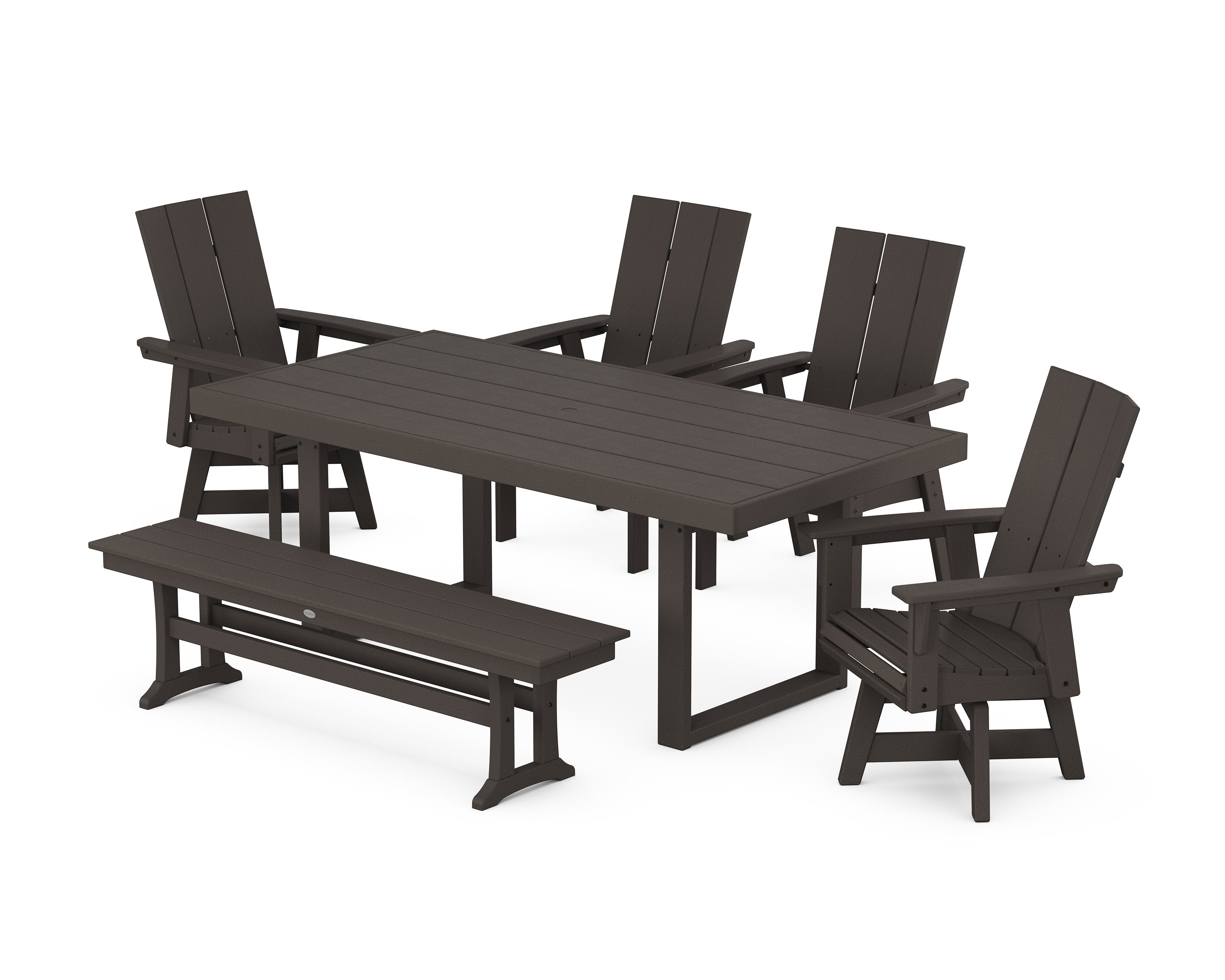 Modern Curveback Adirondack Swivel Chair 6-Piece Dining Set with Bench in Vintage Coffee