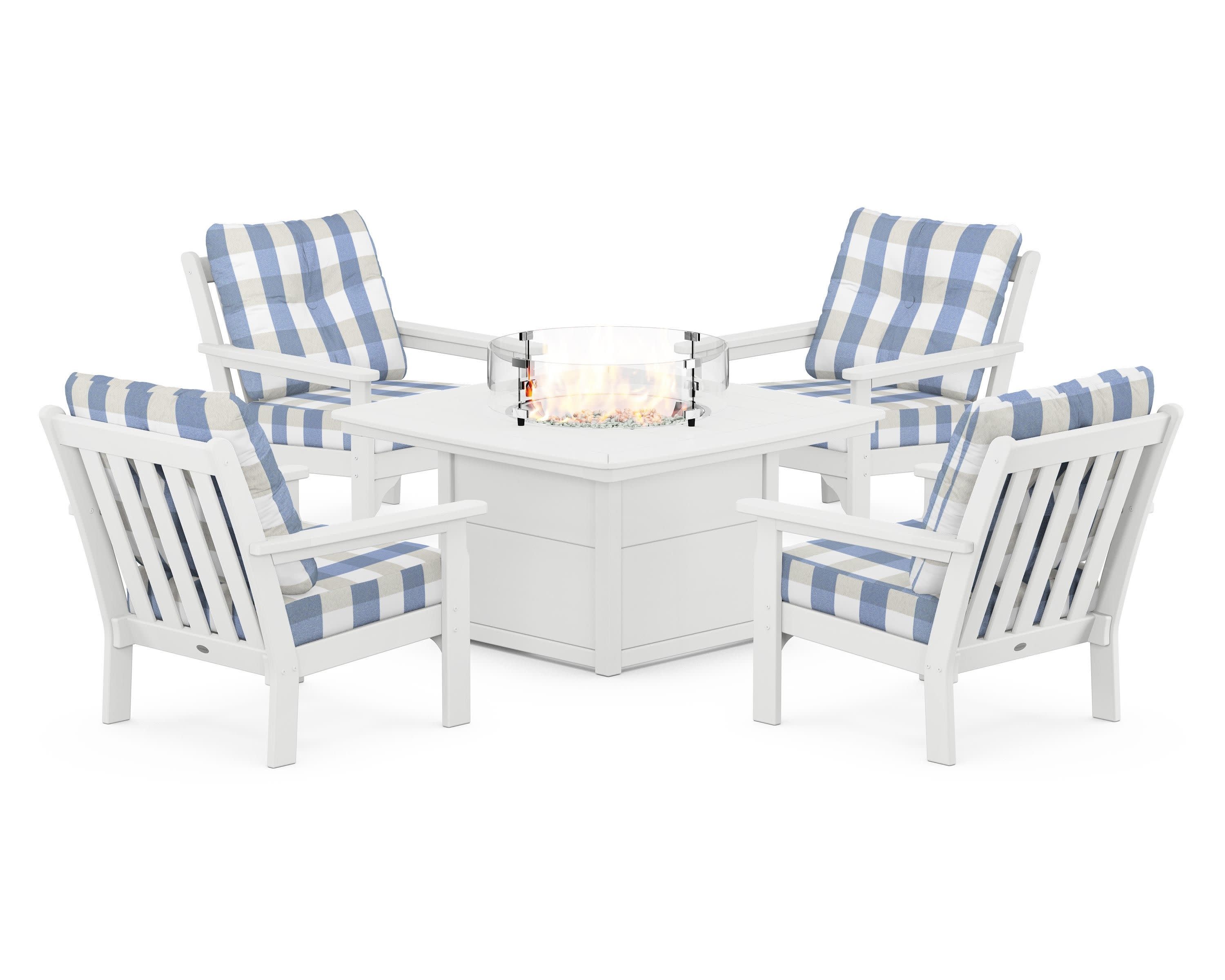 Vineyard 5-Piece Conversation Set with Fire Pit Table in White / Buffalo Plaid Sky Blue
