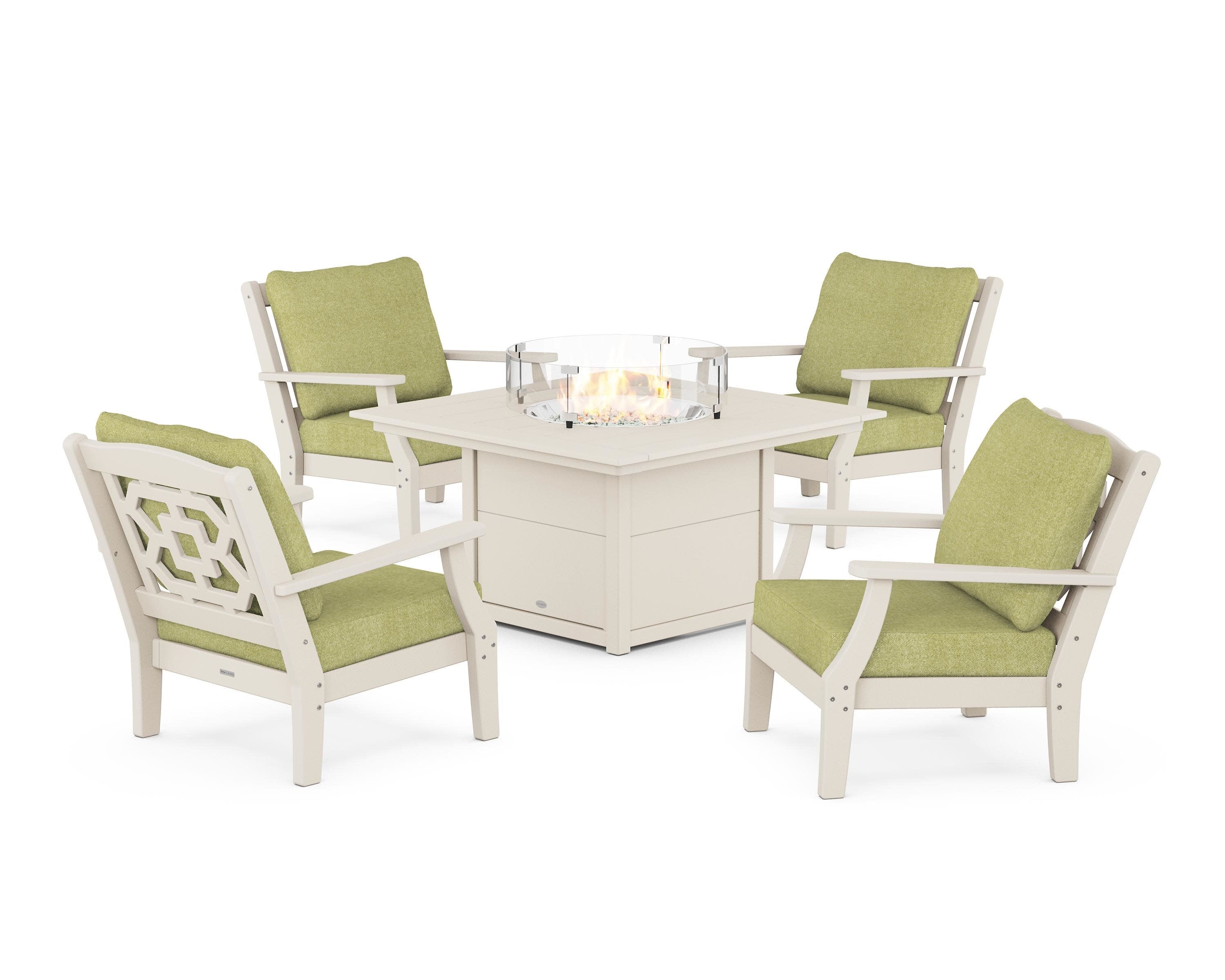 Chinoiserie 5-Piece Deep Seating Set with Fire Pit Table in Sand / Chartreuse Boucle