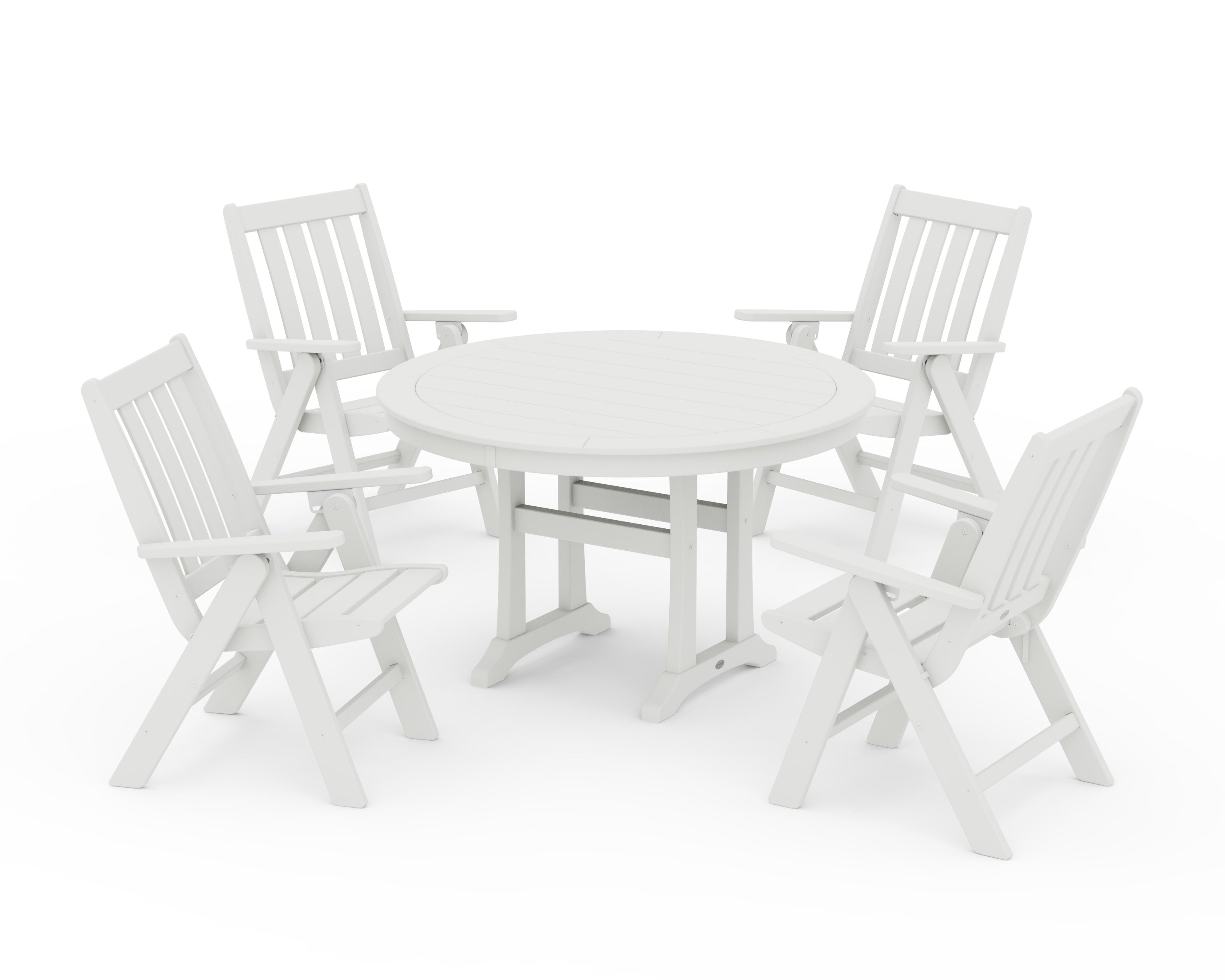 Vineyard Folding Chair 5-Piece Round Dining Set with Trestle Legs in Vintage White