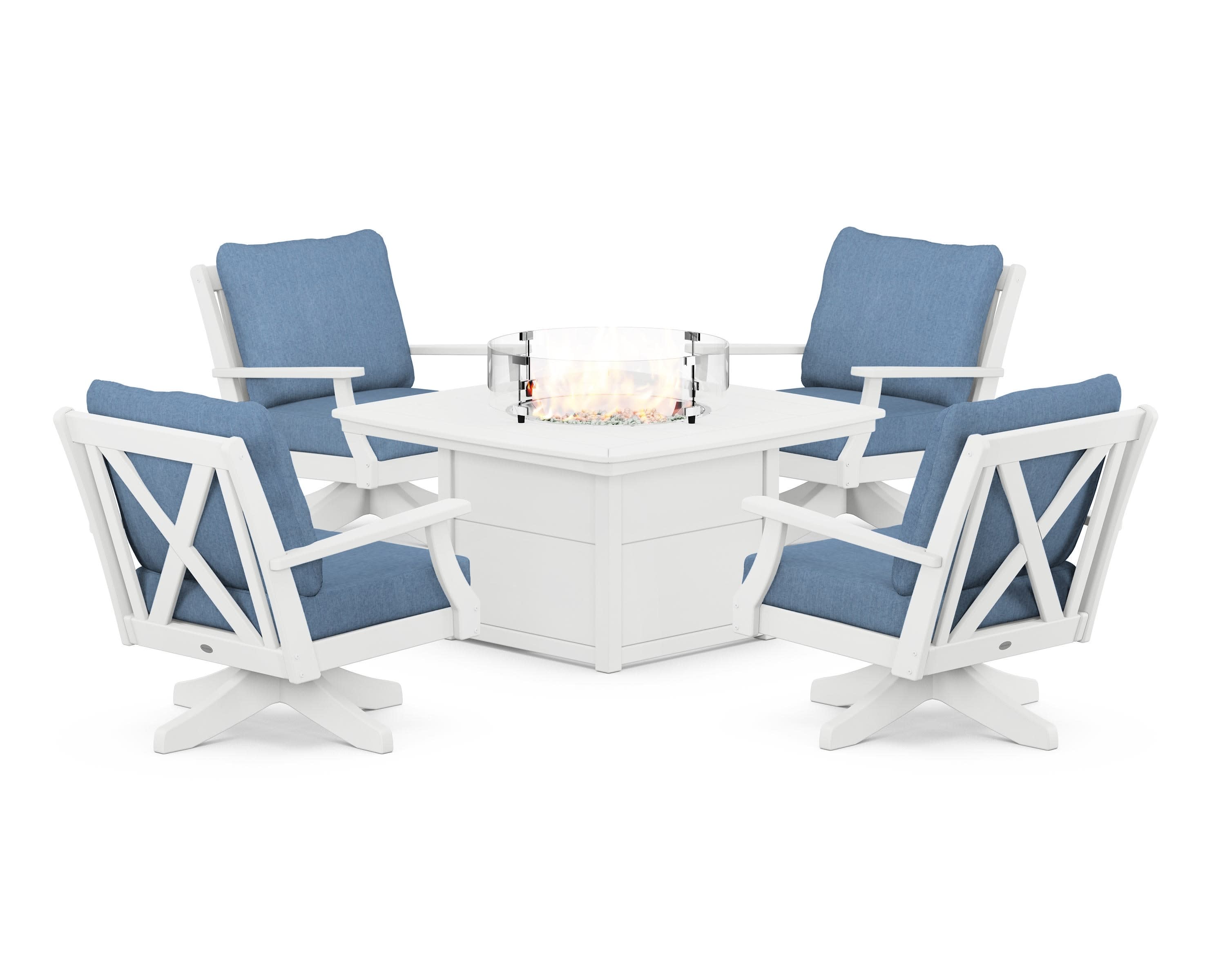 Braxton 5-Piece Deep Seating Swivel Conversation Set with Fire Pit Table in White / Sky Blue