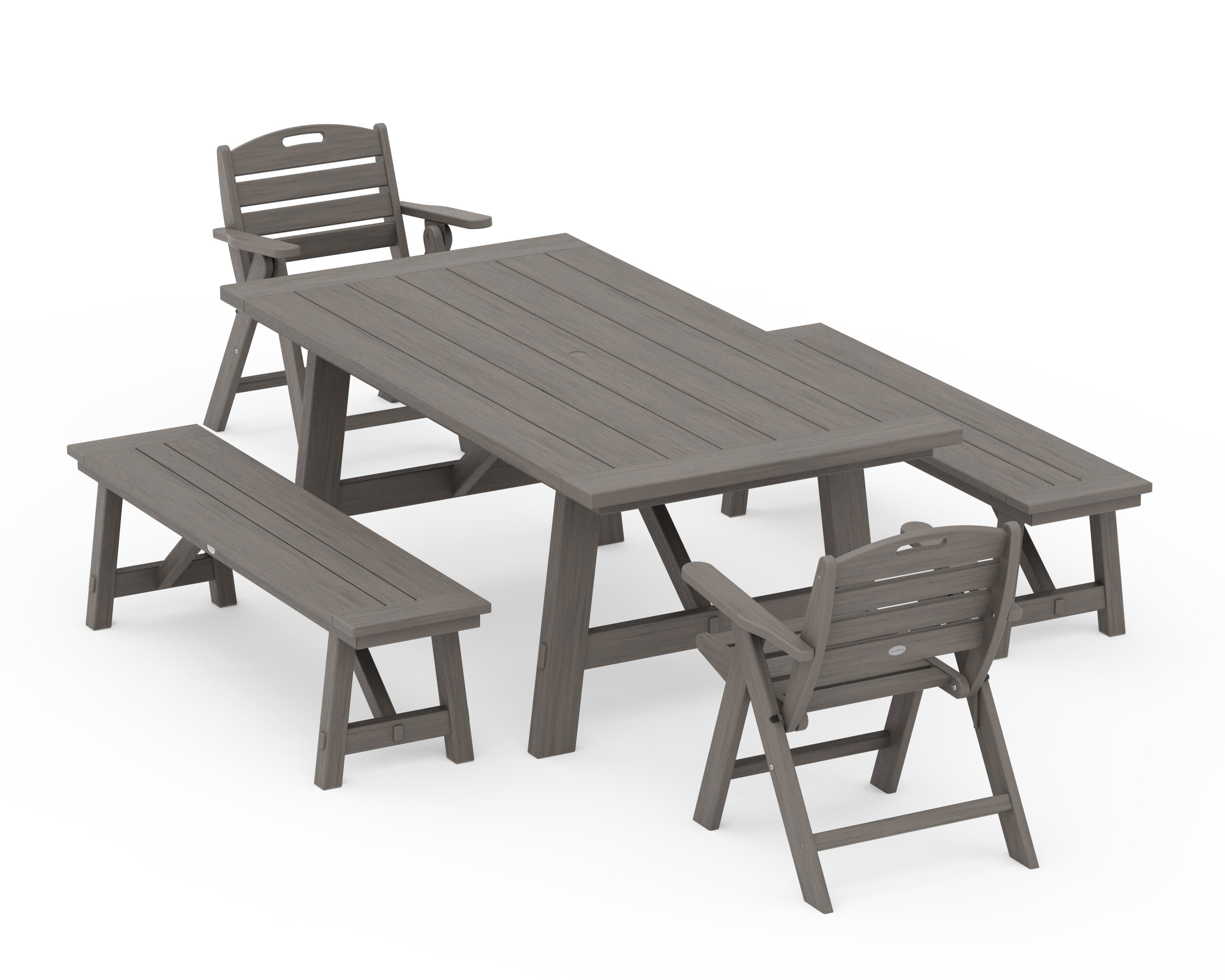 Nautical Folding Lowback Chair 5-Piece Rustic Farmhouse Dining Set With Benches in Driftwood