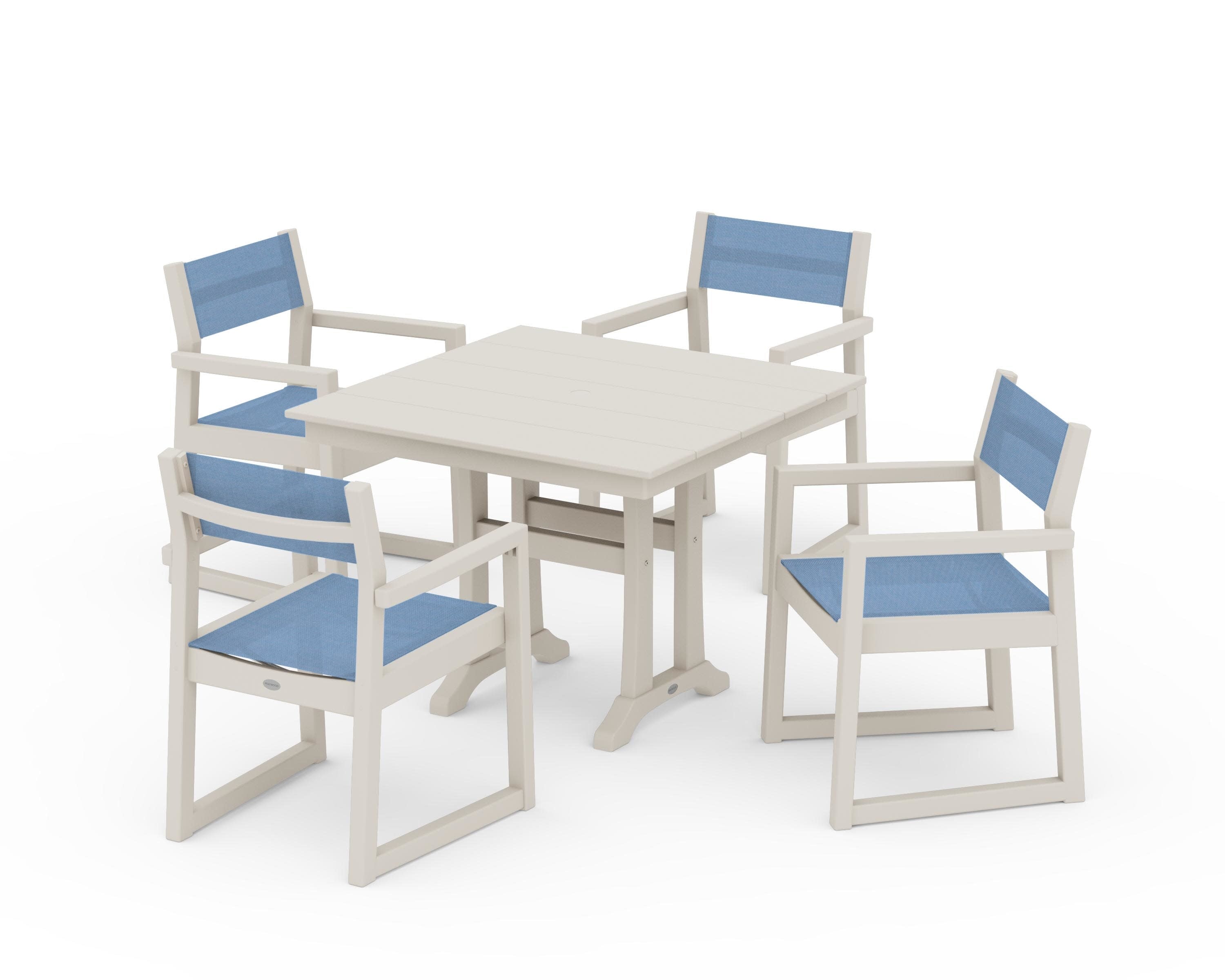 EDGE Sling 5-Piece Farmhouse Dining Set with Trestle Legs in Sand / Poolside Sling