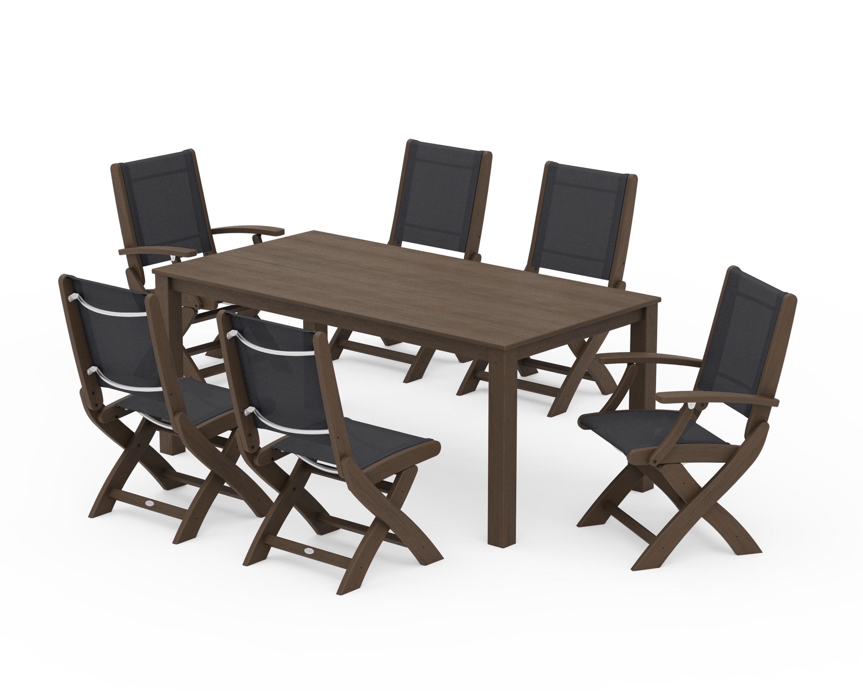 Coastal Folding Chair 7-Piece Parsons Dining Set in Kona / Black Sling