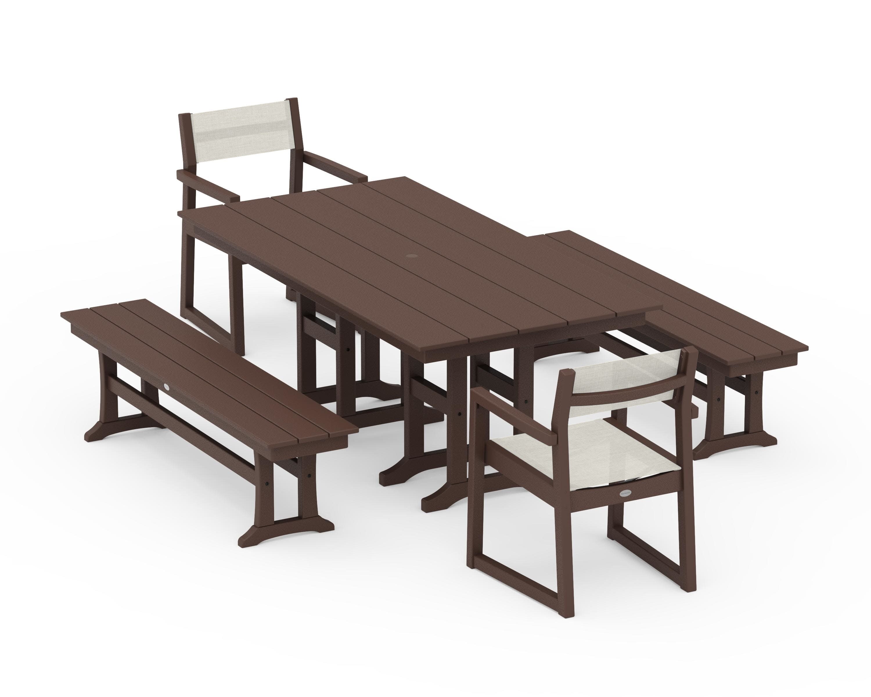 EDGE Sling Arm Chair 5-Piece Farmhouse Dining Set with Benches in Mahogany / Parchment Sling