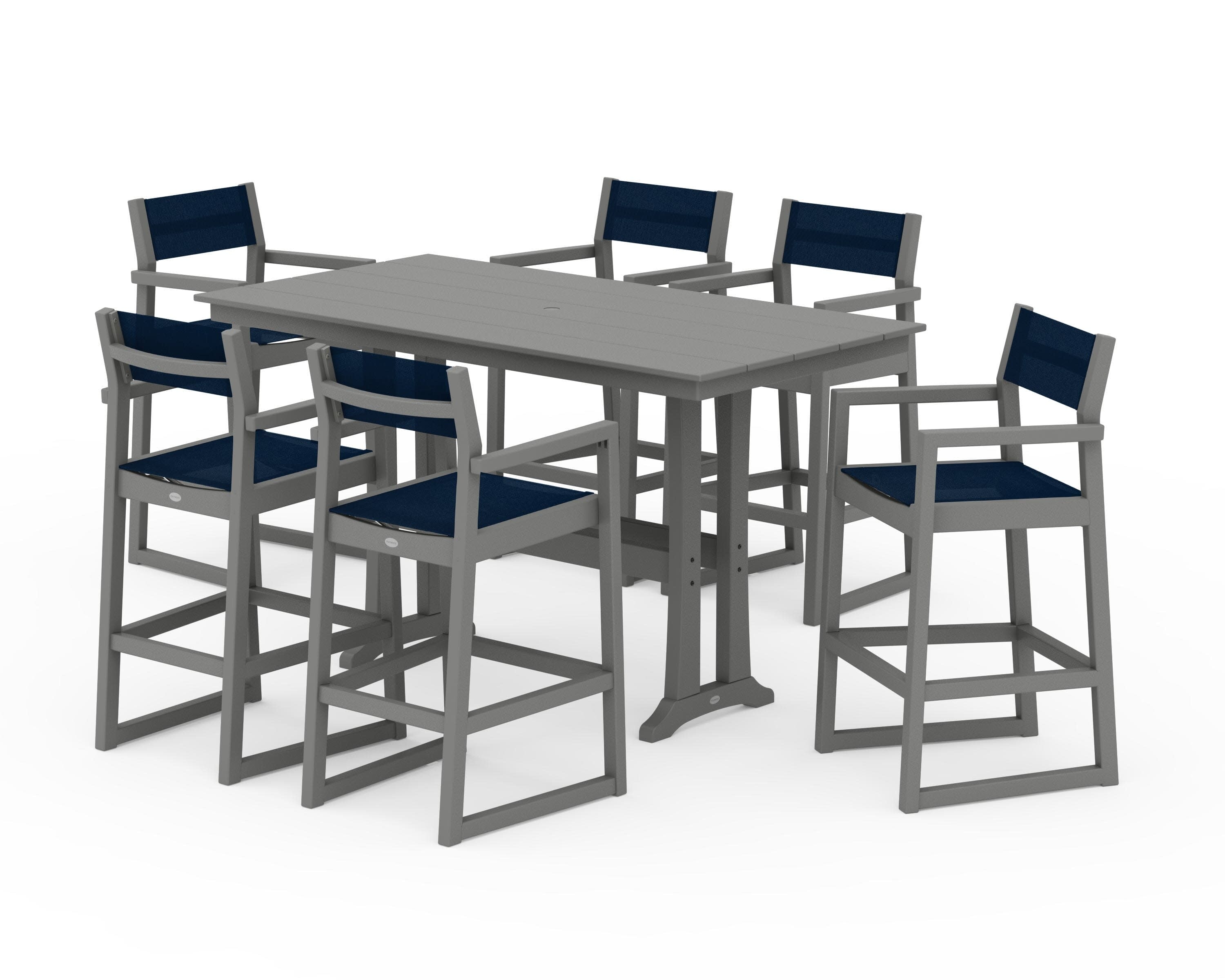 EDGE Sling Arm Chair 7-Piece Farmhouse Bar Set with Trestle Legs in Slate Grey / Navy Blue Sling