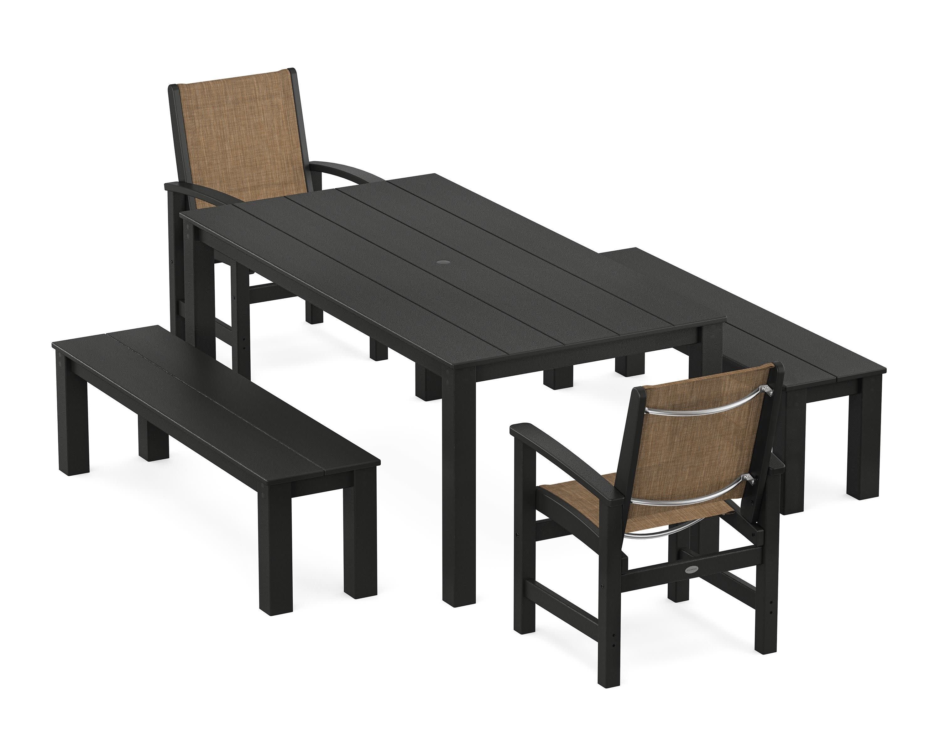 Coastal 5-Piece Parsons Dining Set with Benches in Black / Burlap Sling