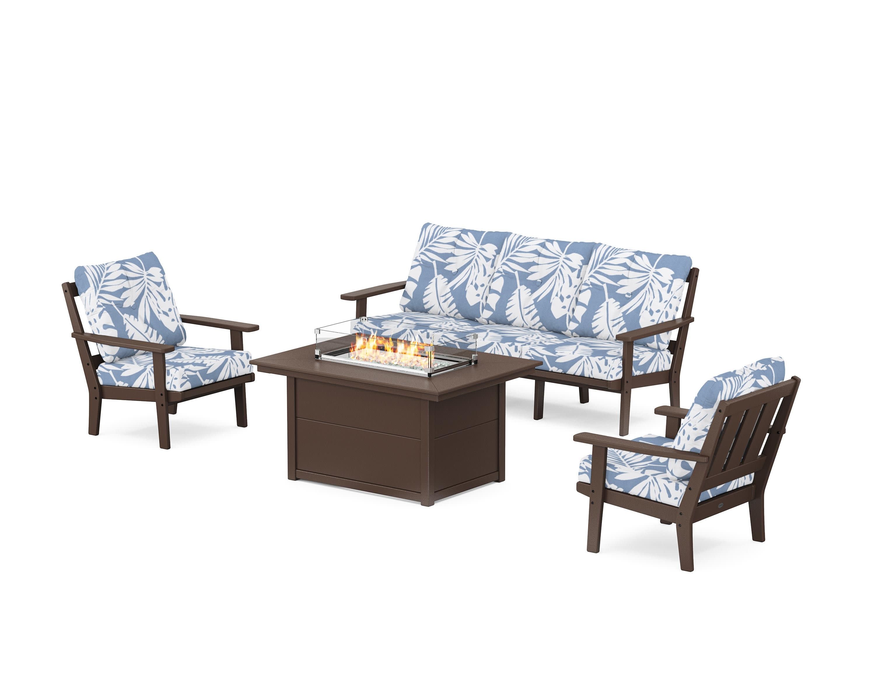 Oxford Deep Seating Fire Pit Table Set in Mahogany / Leaf Sky Blue