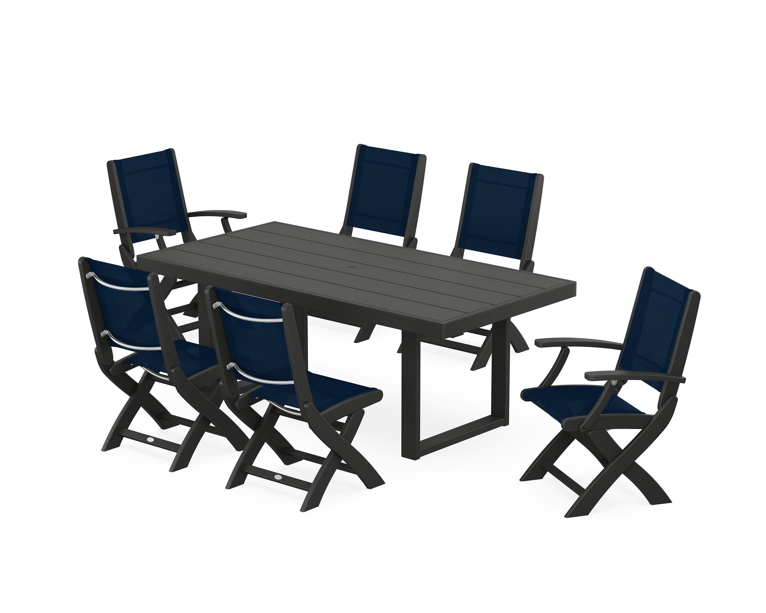 Coastal Folding Chair 7-Piece Dining Set with Trestle Legs in Black / Navy Blue Sling