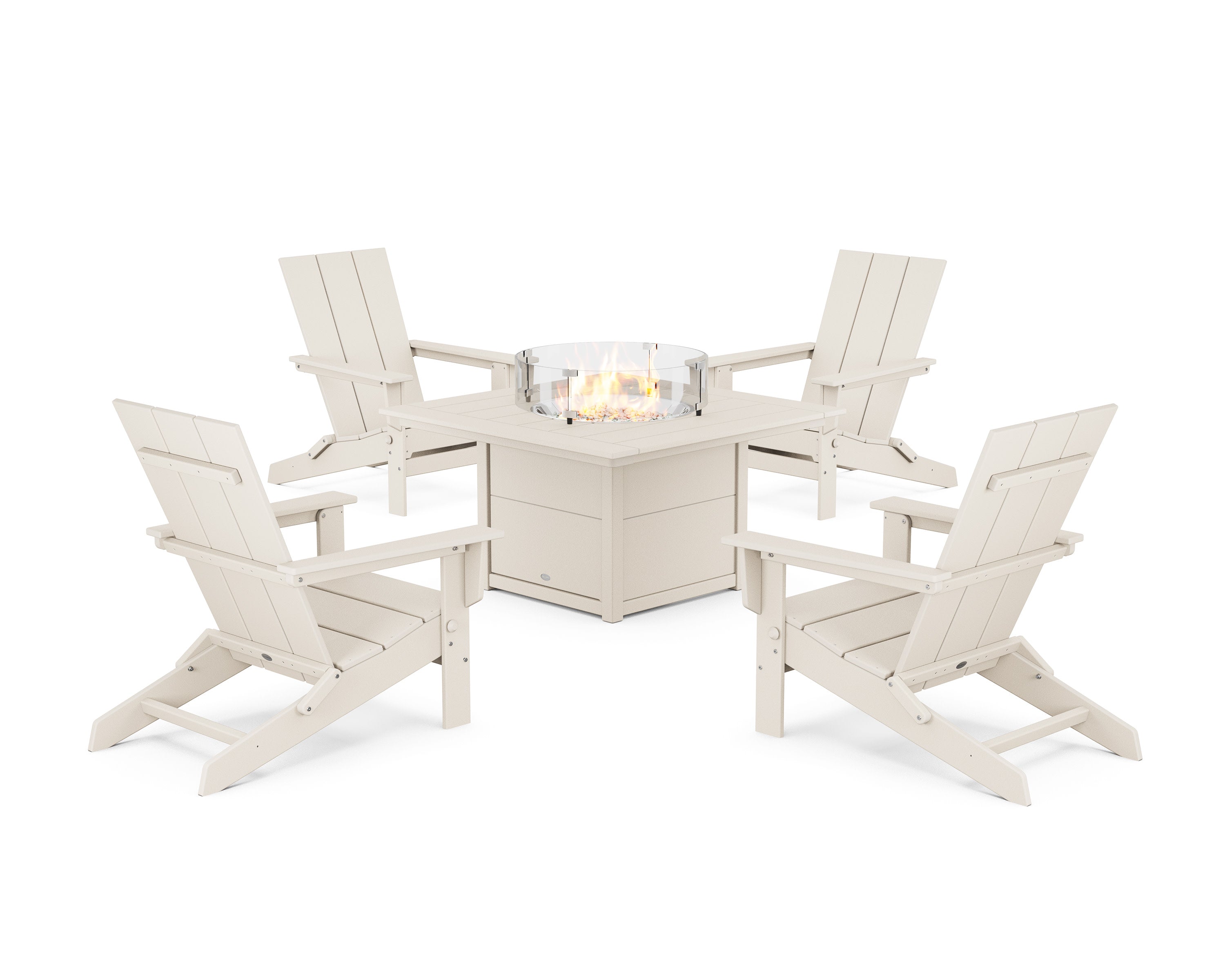 5-Piece Modern Studio Folding Adirondack Conversation Set with Fire Pit Table in Sand