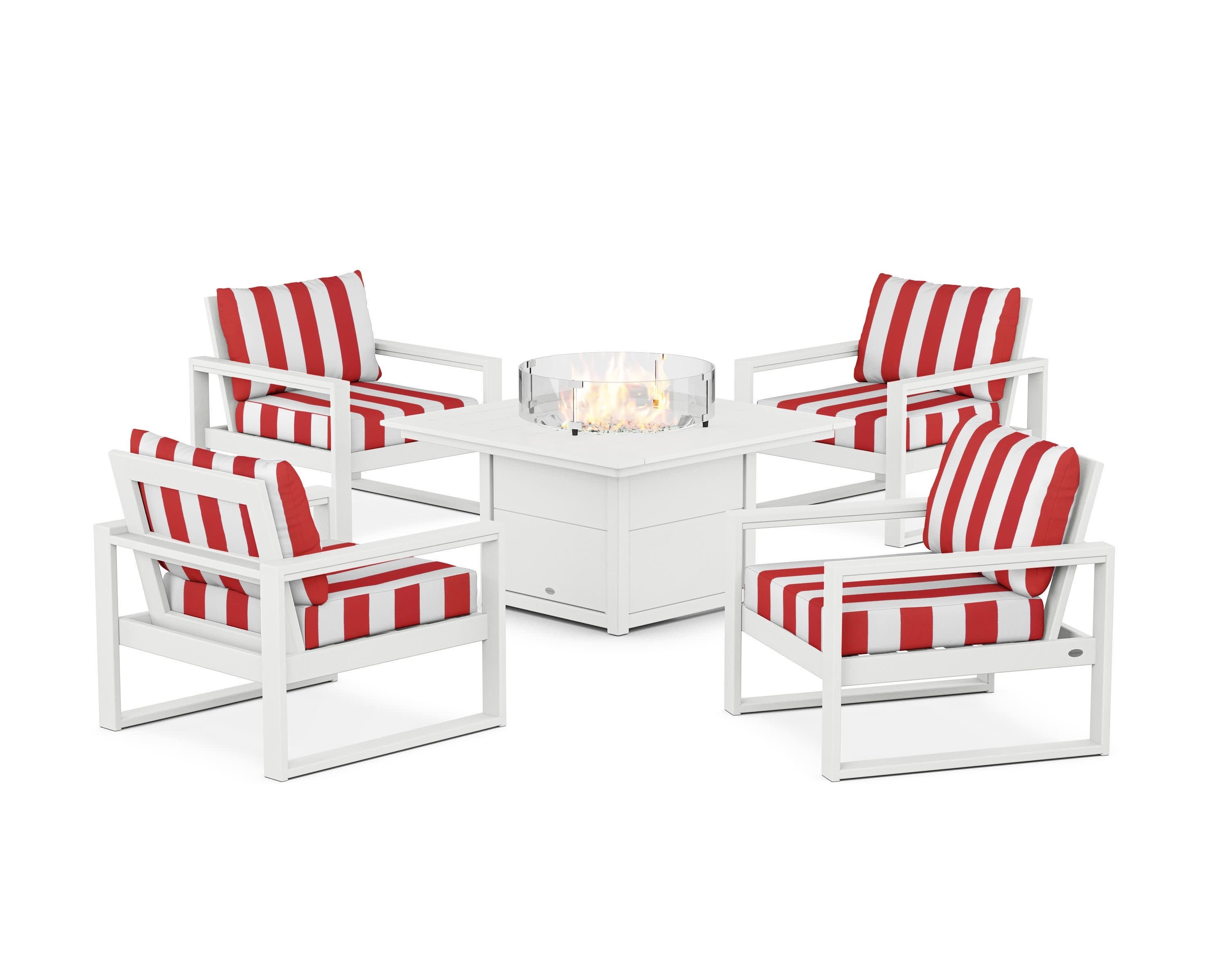 EDGE Sectional 5-Piece Deep Seating Set with Fire Pit Table in White / Cabana Stripe Crimson