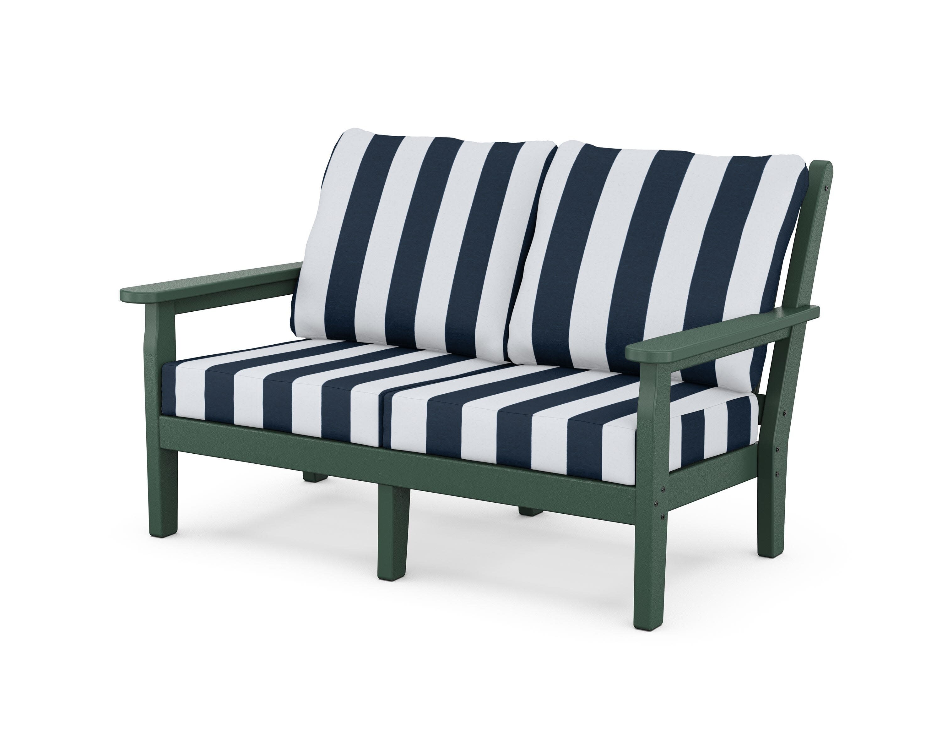 Chippendale Deep Seating Loveseat in Green / Cabana Stripe Marine Indigo