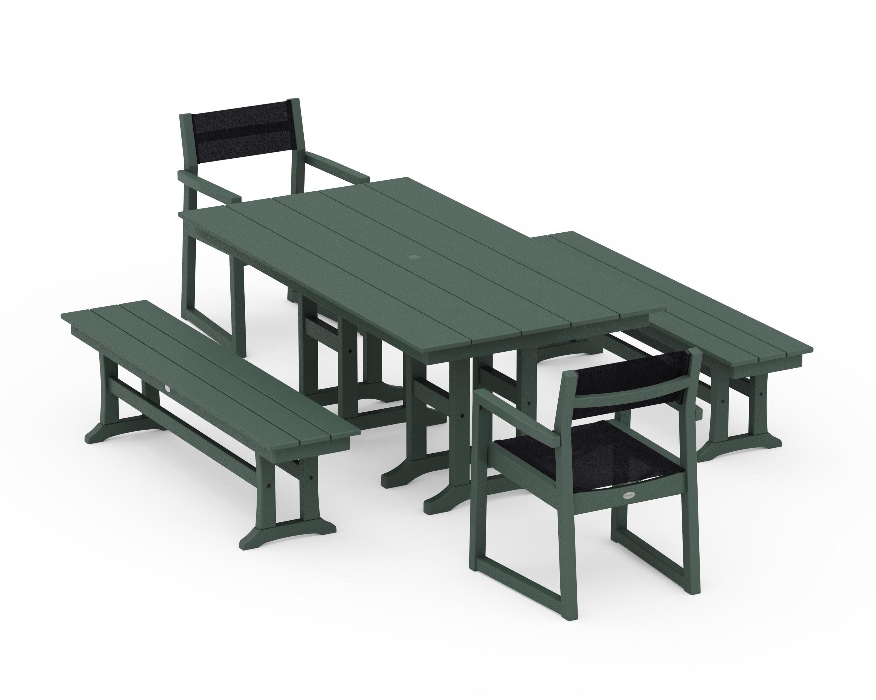 EDGE Sling Arm Chair 5-Piece Farmhouse Dining Set with Benches in Green / Black Sling