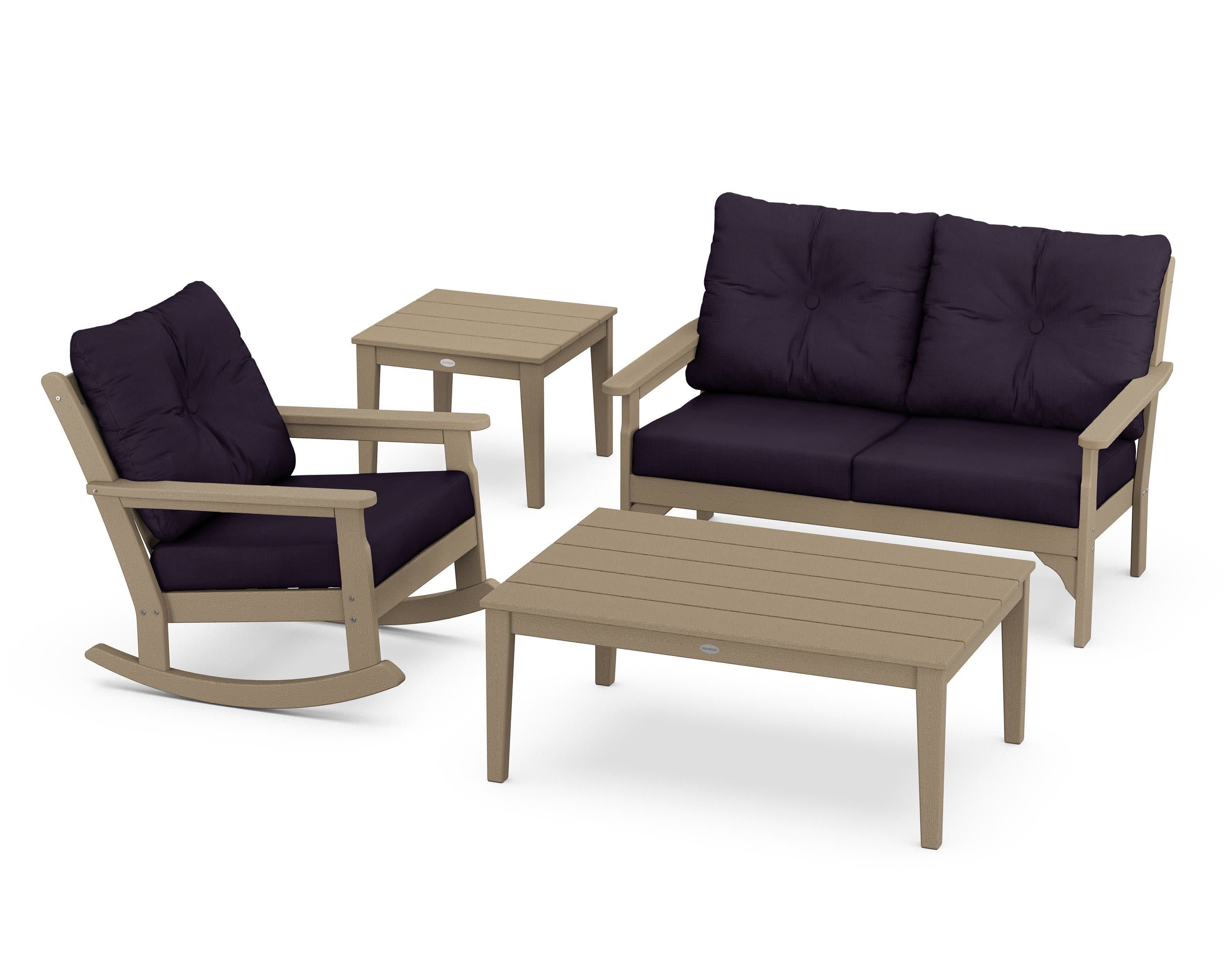 Vineyard 4-Piece Deep Seating Rocker Set in Vintage Sahara / Navy Linen