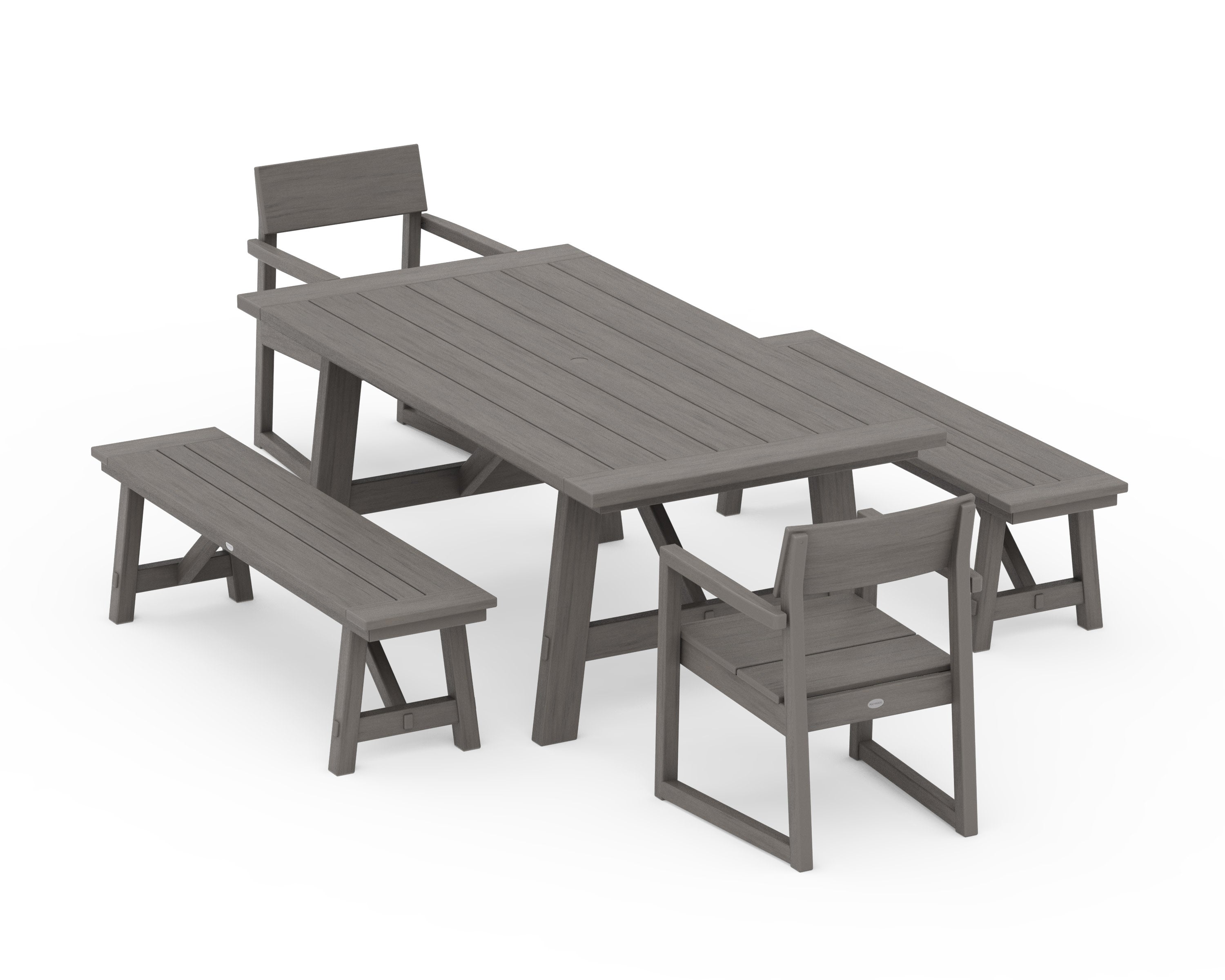 EDGE 5-Piece Rustic Farmhouse Dining Set With Benches in Driftwood