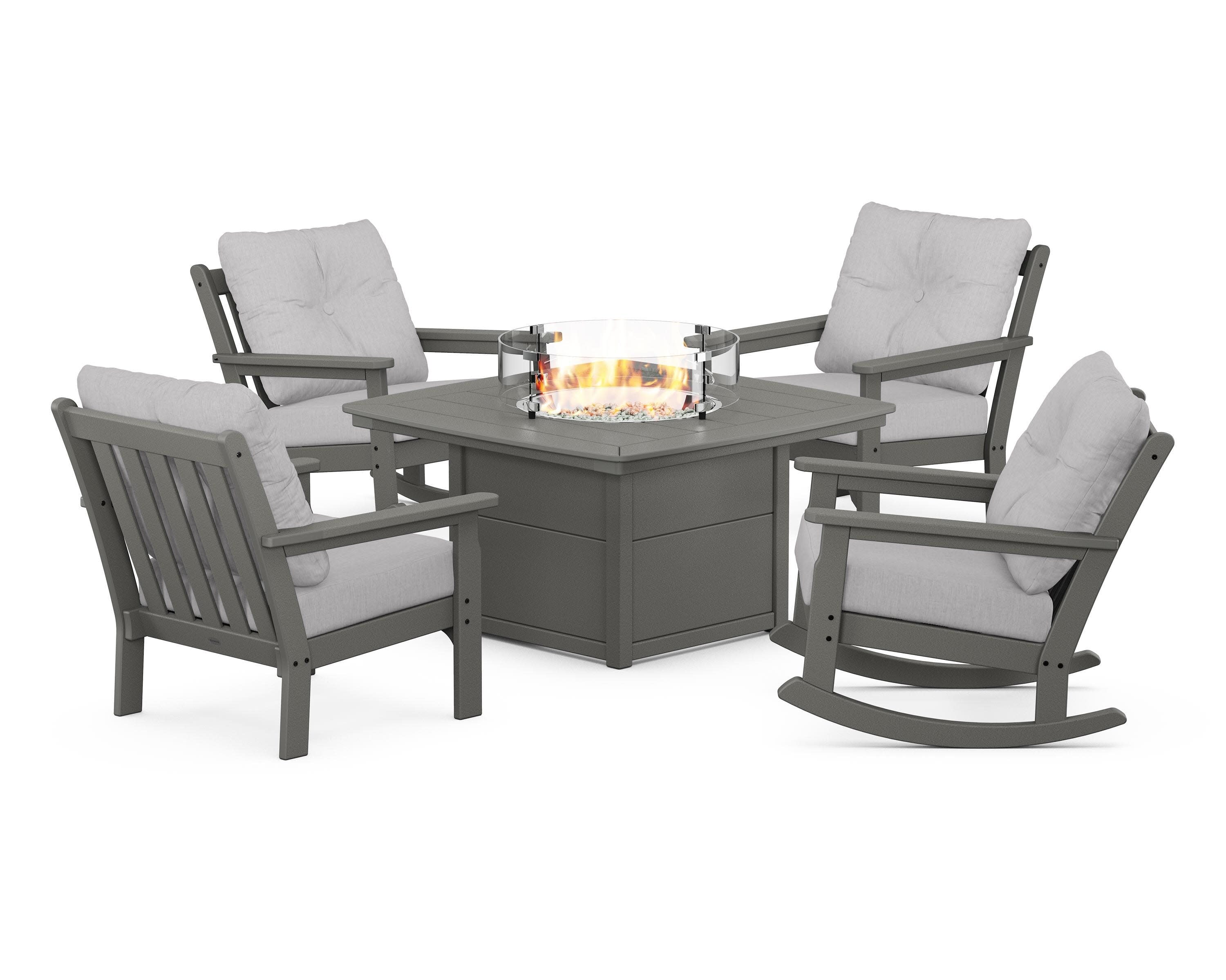 Vineyard 5-Piece Deep Seating Rocking Chair Conversation Set with Fire Pit Table in Slate Grey / Granite