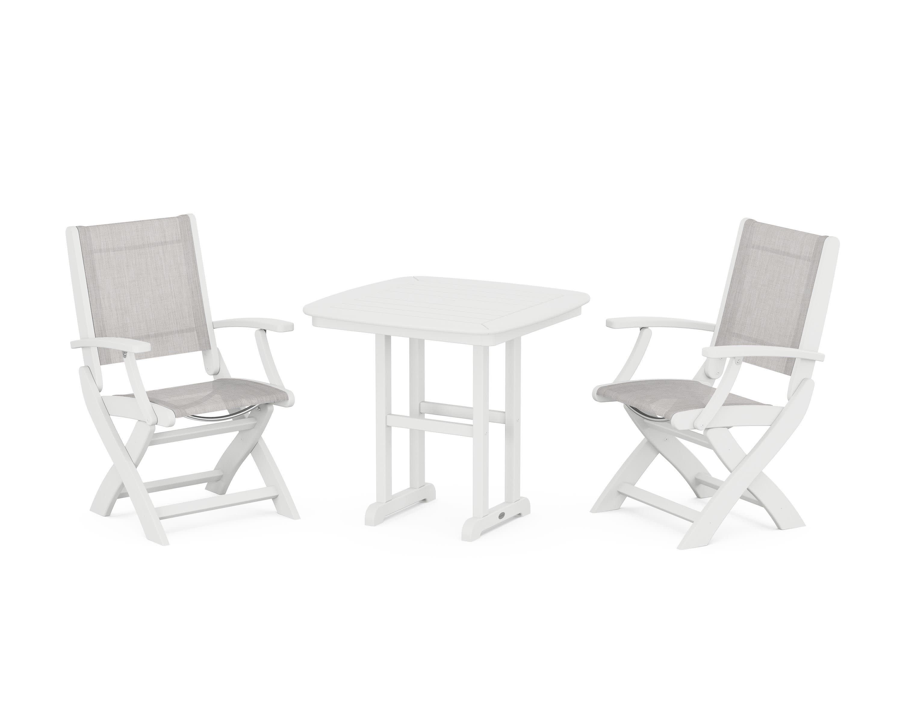 Coastal Folding Chair 3-Piece Dining Set in White / Parchment Sling