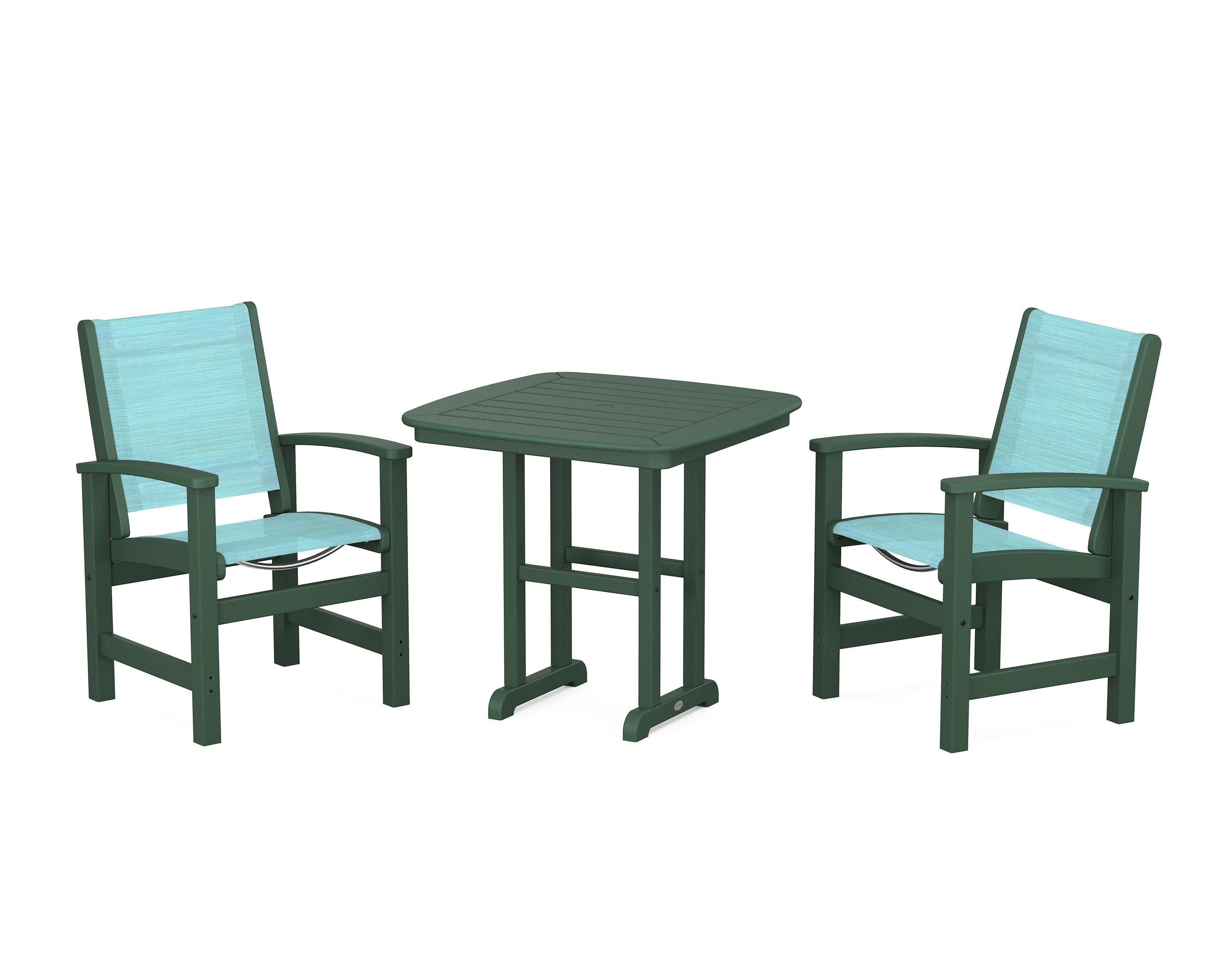 Coastal 3-Piece Dining Set in Green / Dupioni Aquamarine Sling