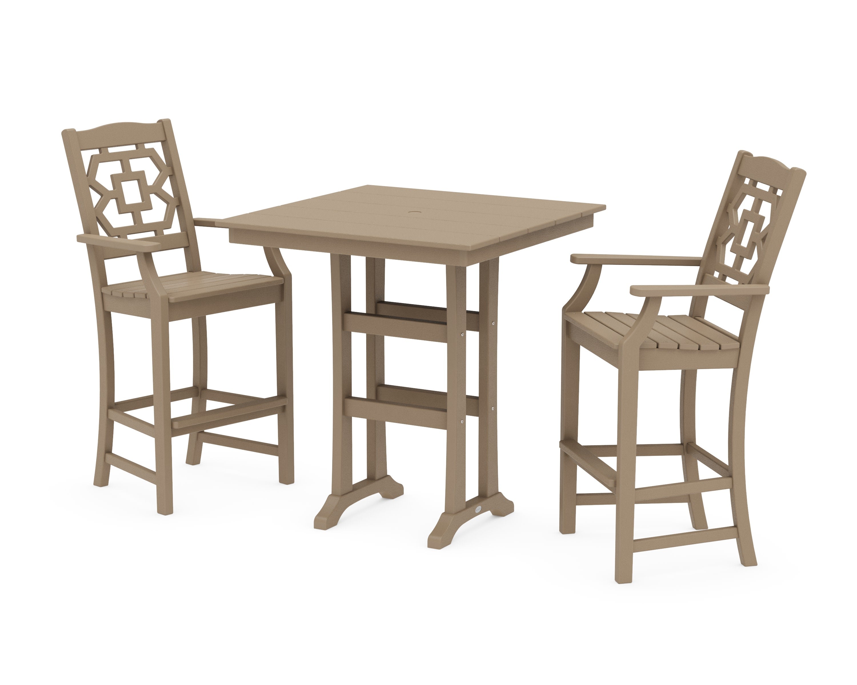 Chinoiserie 3-Piece Farmhouse Bar Set with Trestle Legs in Vintage Sahara