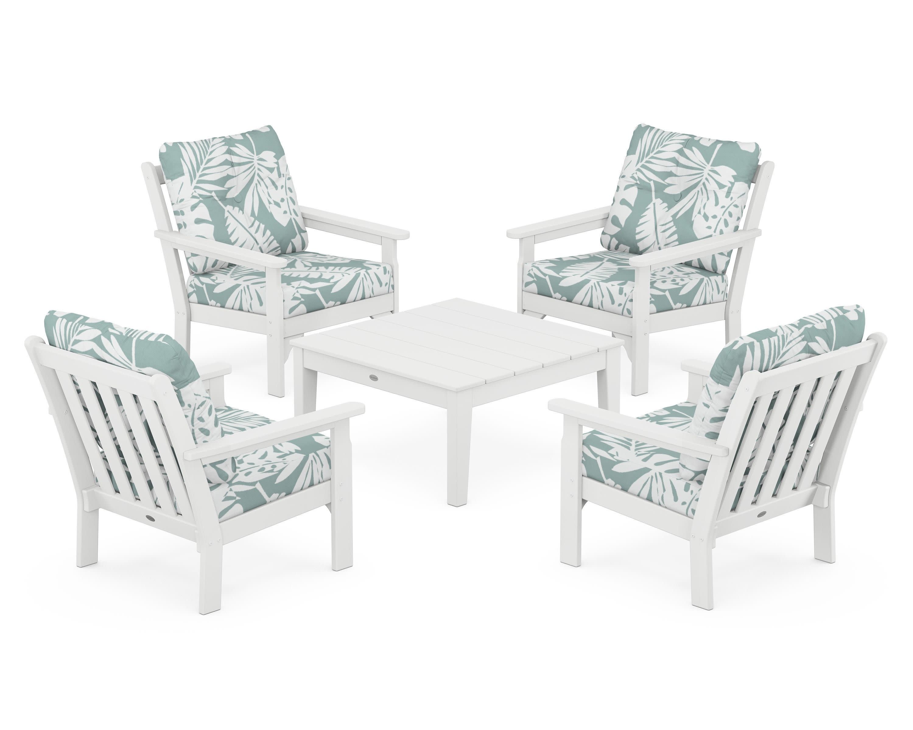 Vineyard 5-Piece Deep Seating Conversation Set in White / Leaf Glacier Spa