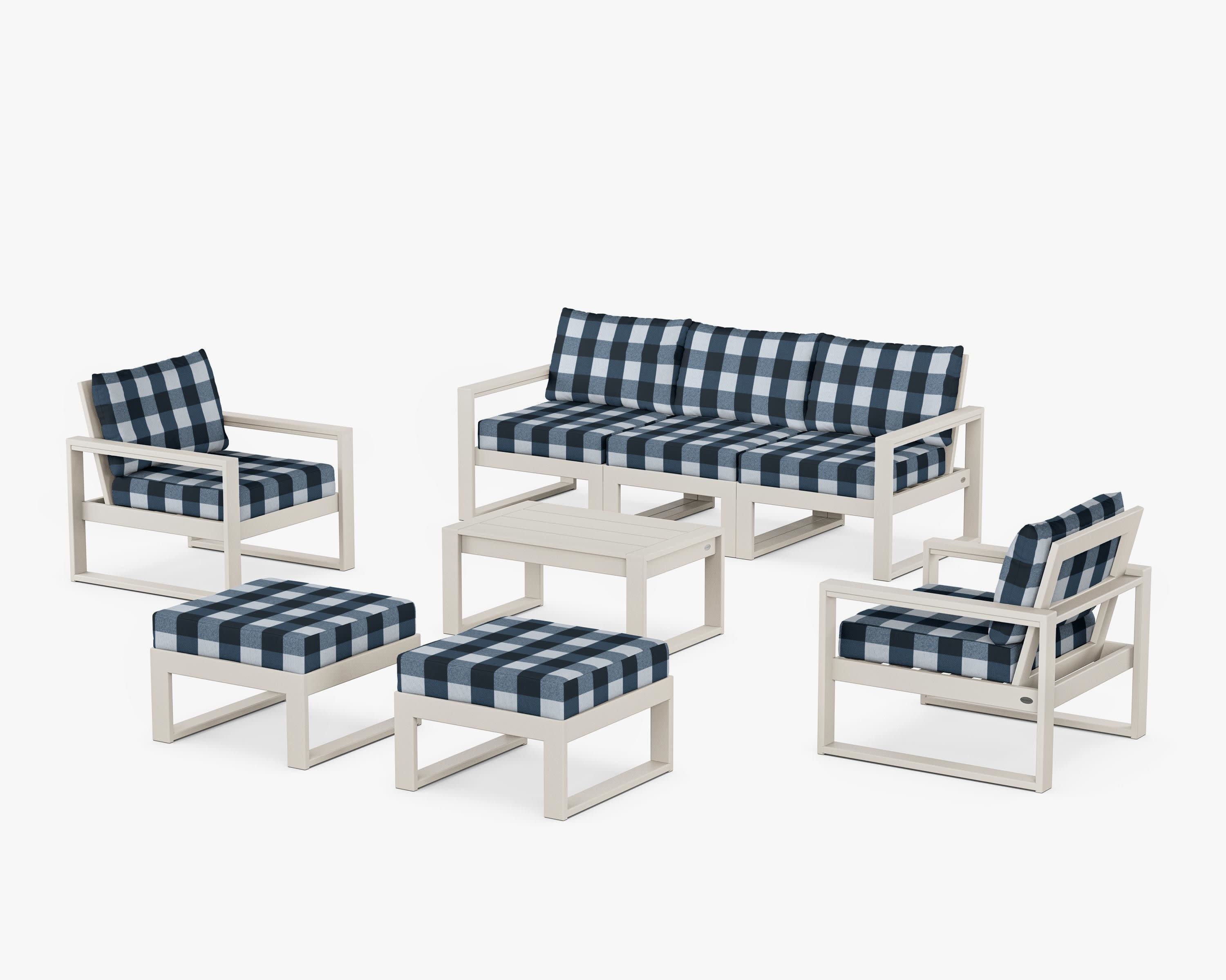 EDGE Sectional 8-Piece Lounge Sofa Set in Sand / Buffalo Plaid Marine Indigo