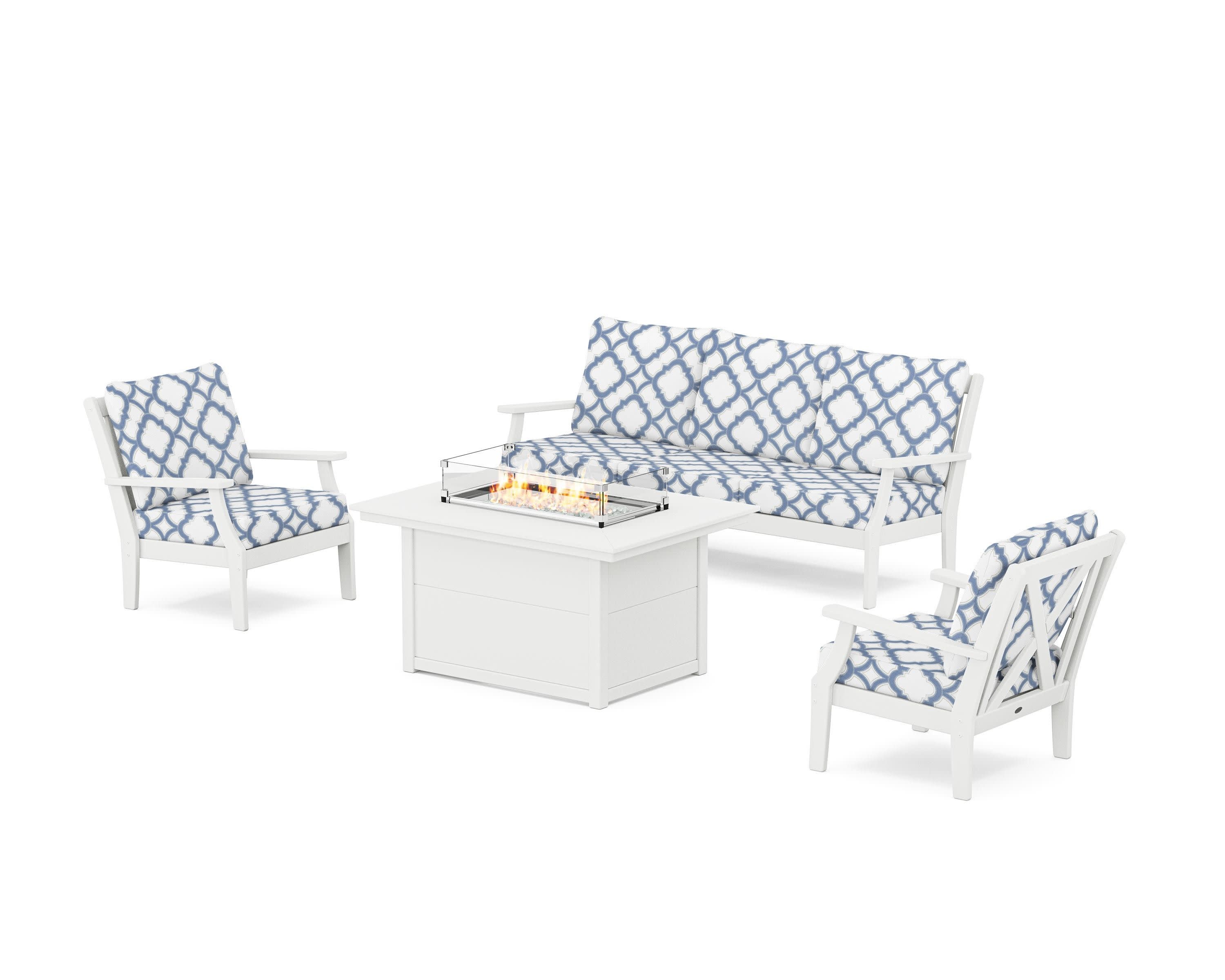 Braxton Deep Seating Fire Pit Table Set in White / Trellis Sky Blue