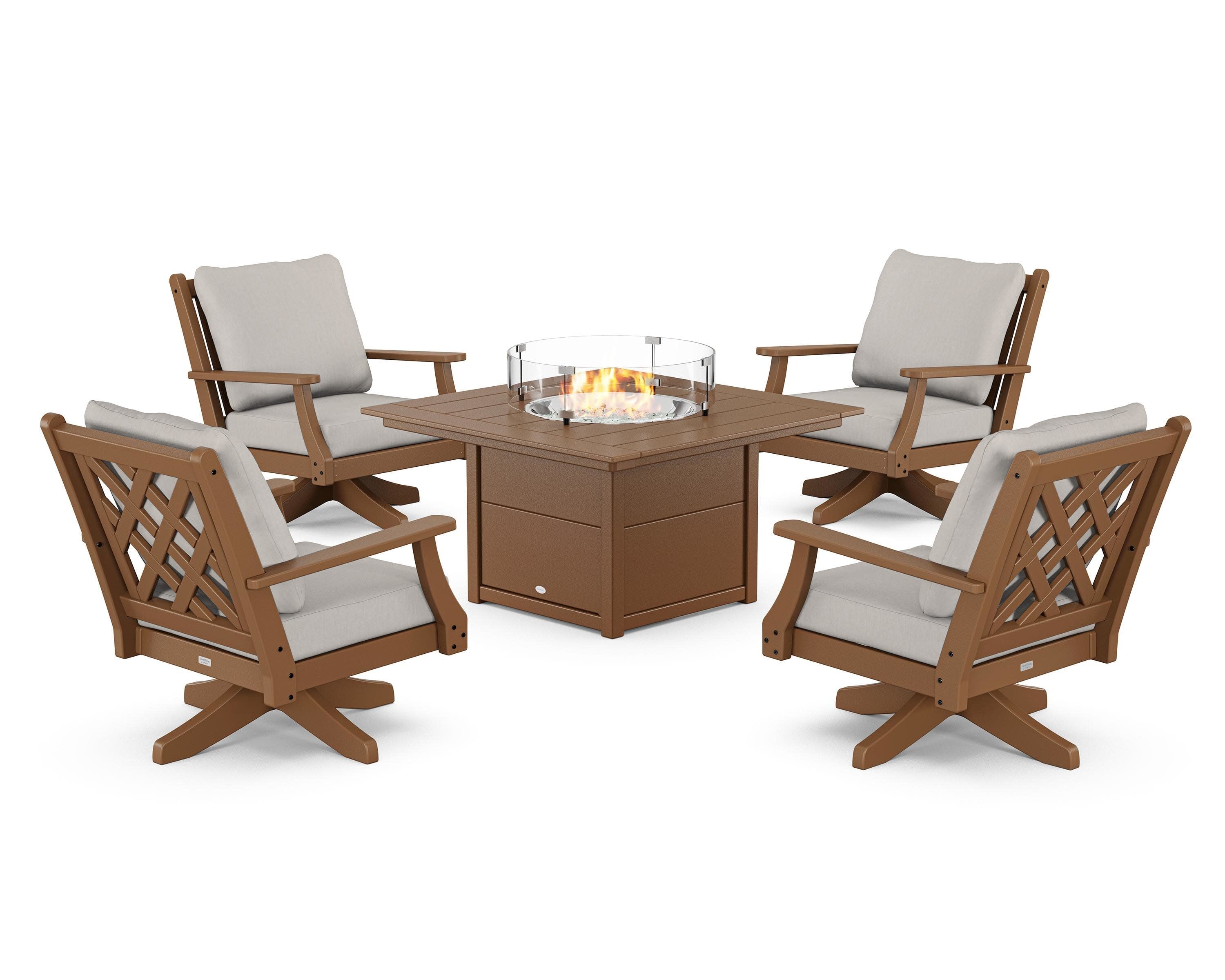 Wovendale 5-Piece Deep Seating Swivel Conversation Set with Fire Pit Table in Teak / Cast Ash