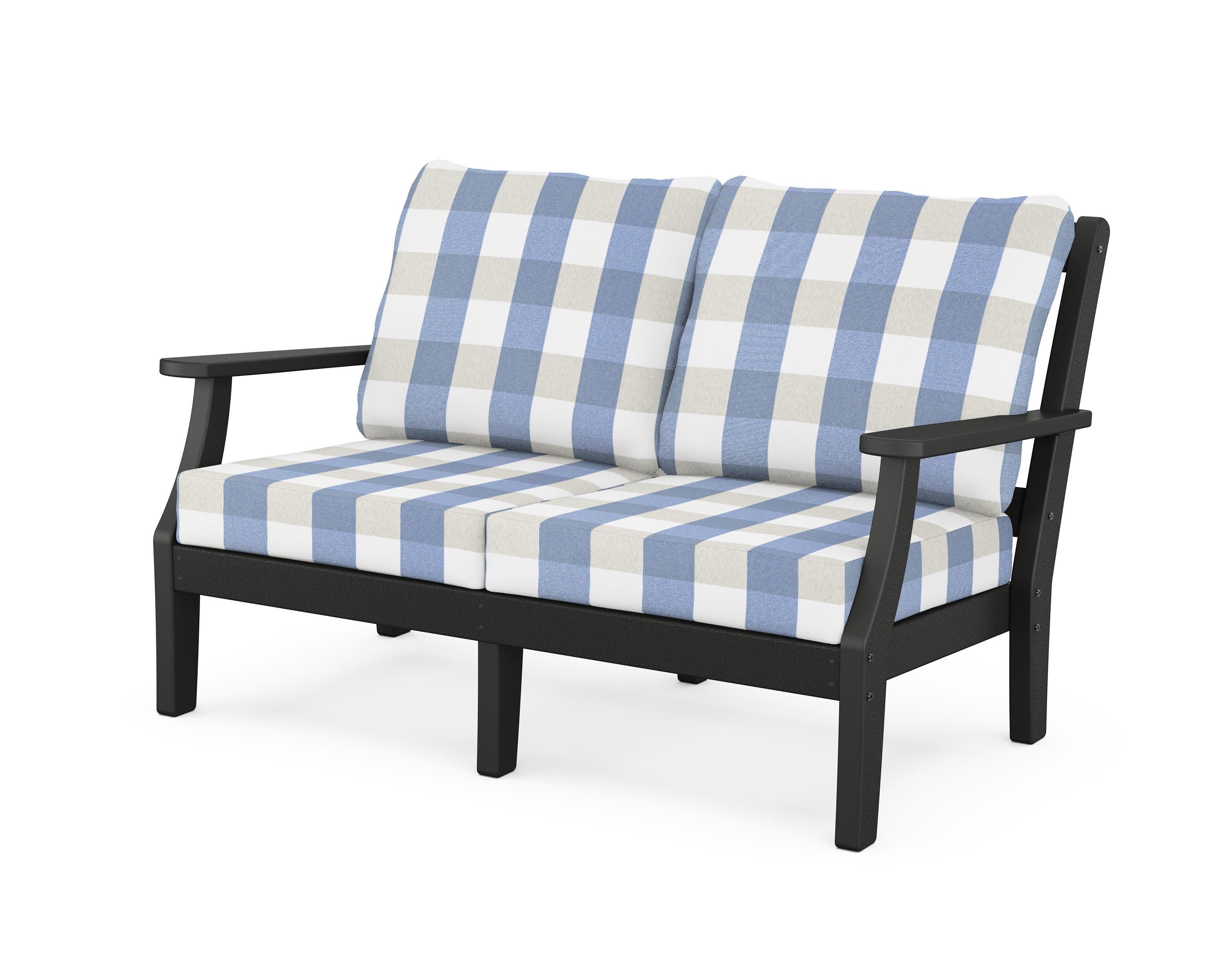 Chinoiserie Deep Seating Loveseat in Black / Buffalo Plaid Sky Blue