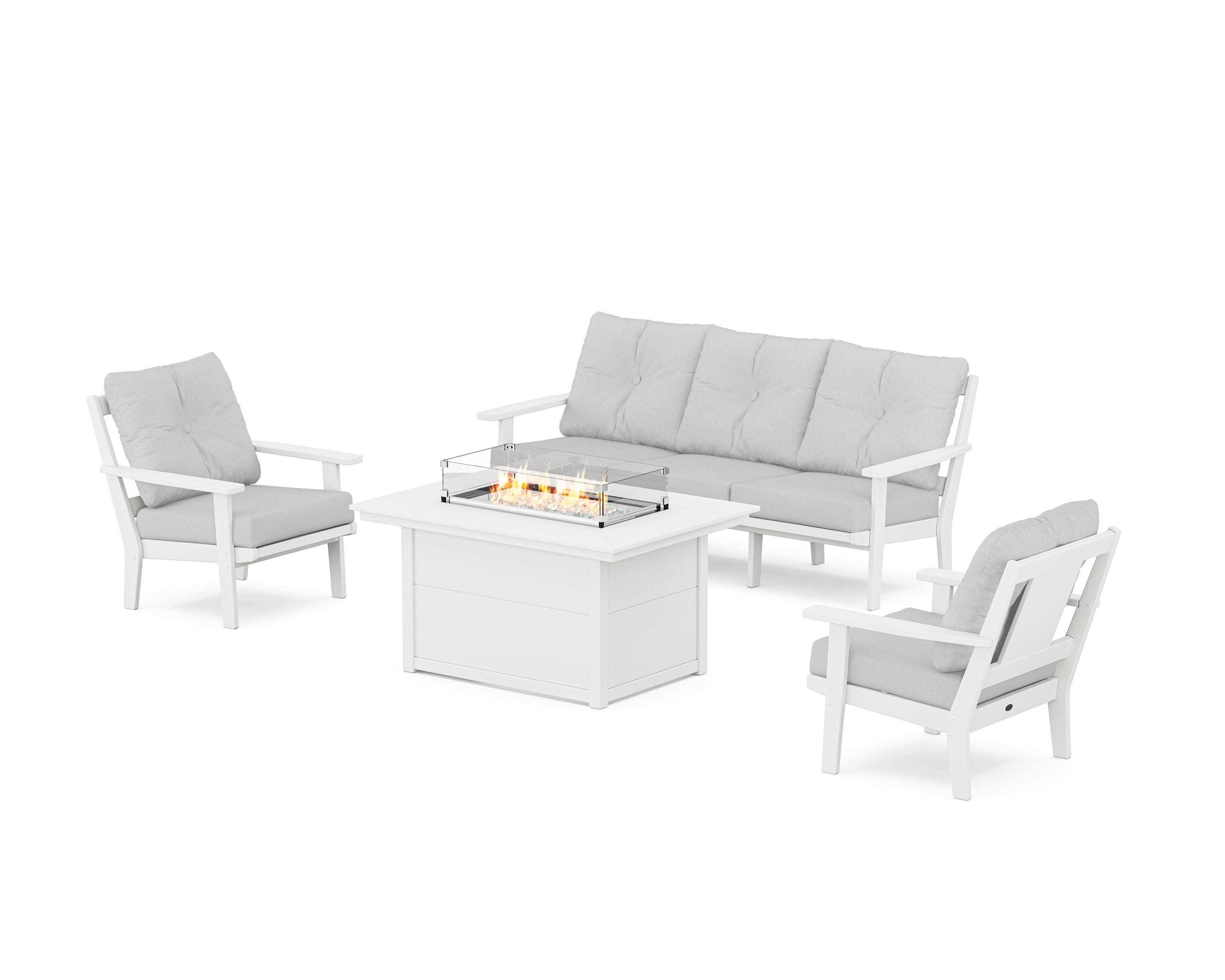 Prairie Deep Seating Fire Pit Table Set in White / Diamond in the Rough