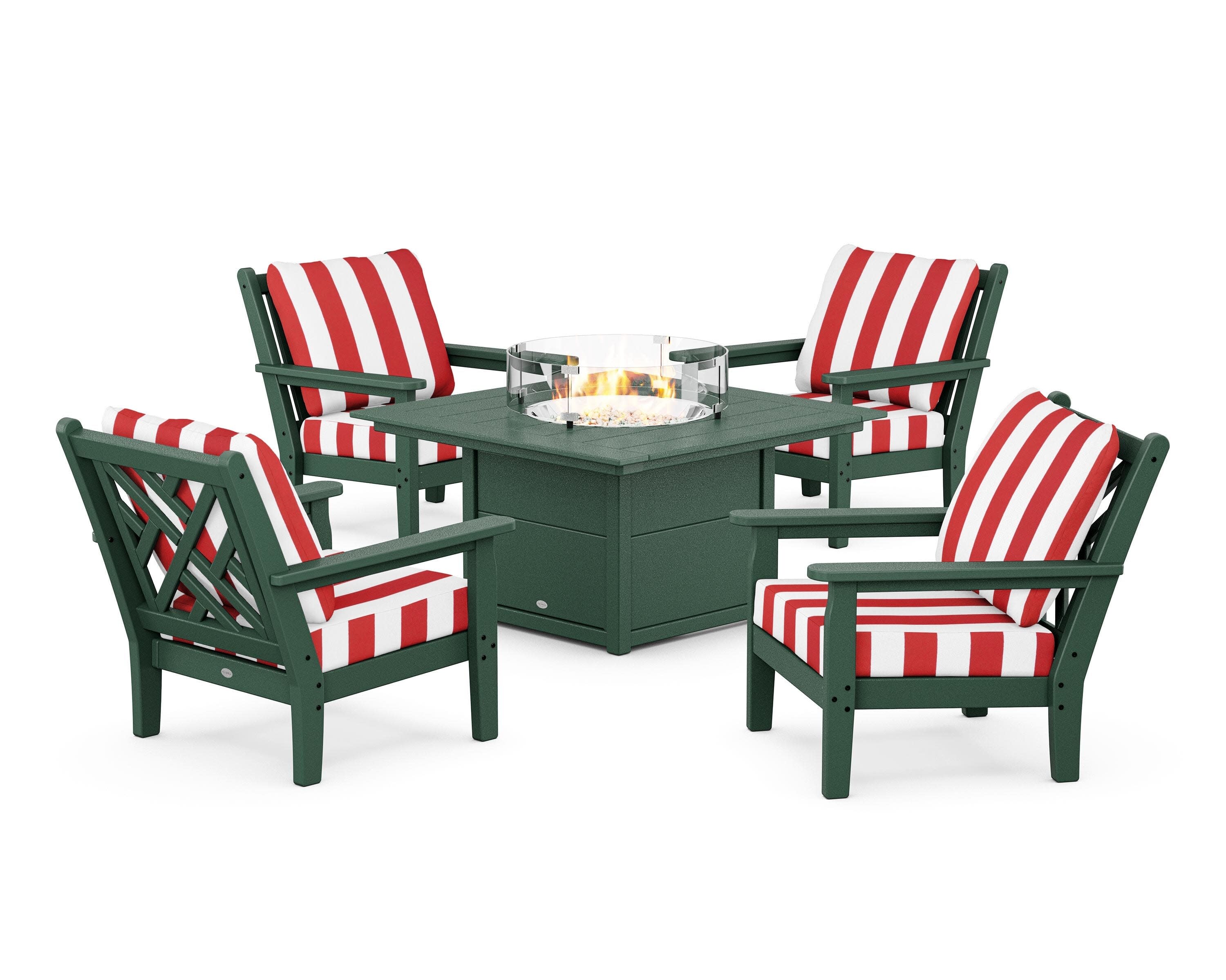 Chippendale 5-Piece Deep Seating Set with Fire Pit Table in Green / Cabana Stripe Crimson