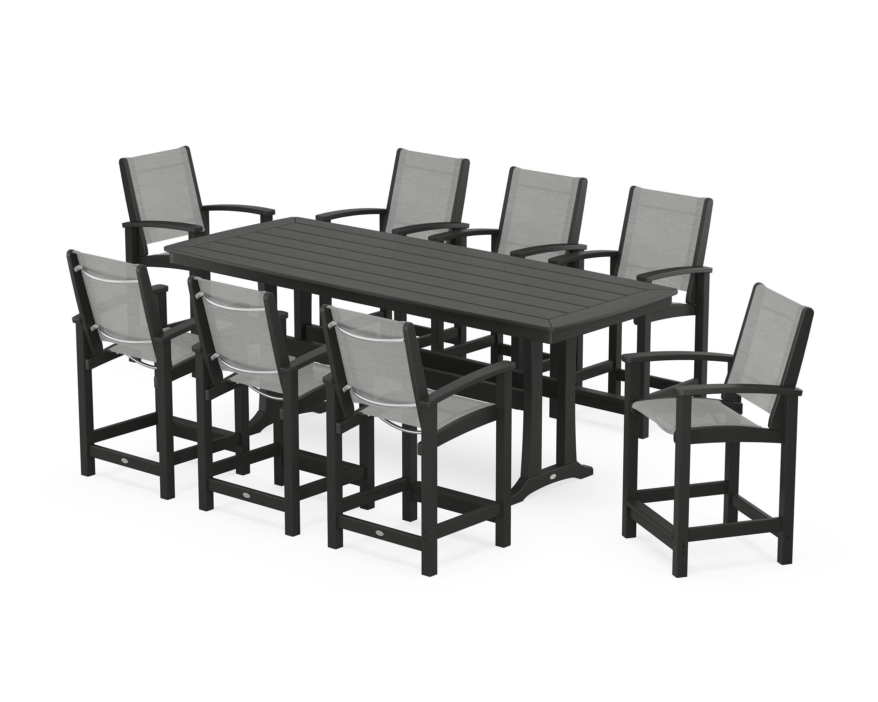 Coastal 9-Piece Counter Set with Trestle Legs in Black / Metallic Sling