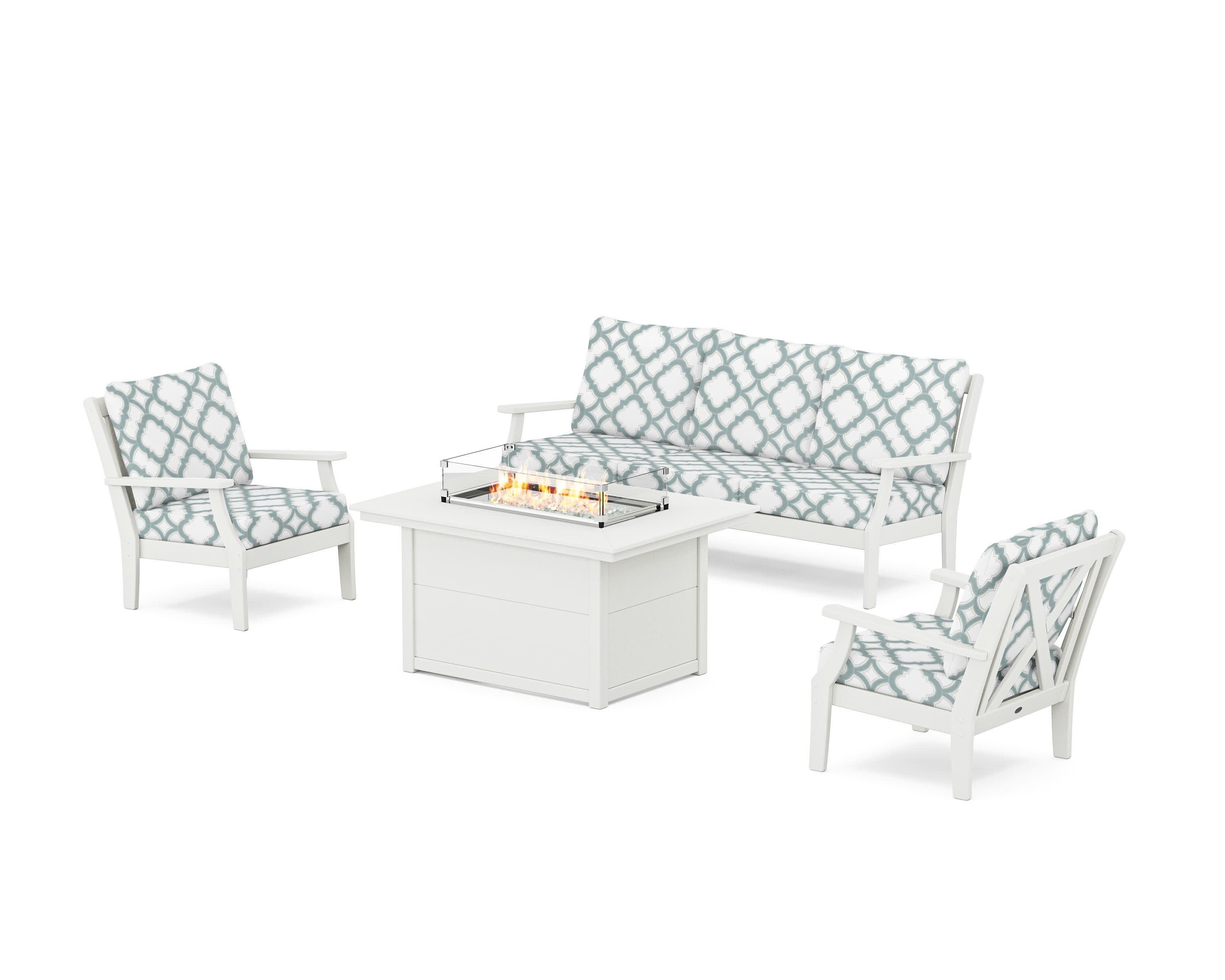 Braxton Deep Seating Fire Pit Table Set in Vintage White / Trellis Glacier Spa