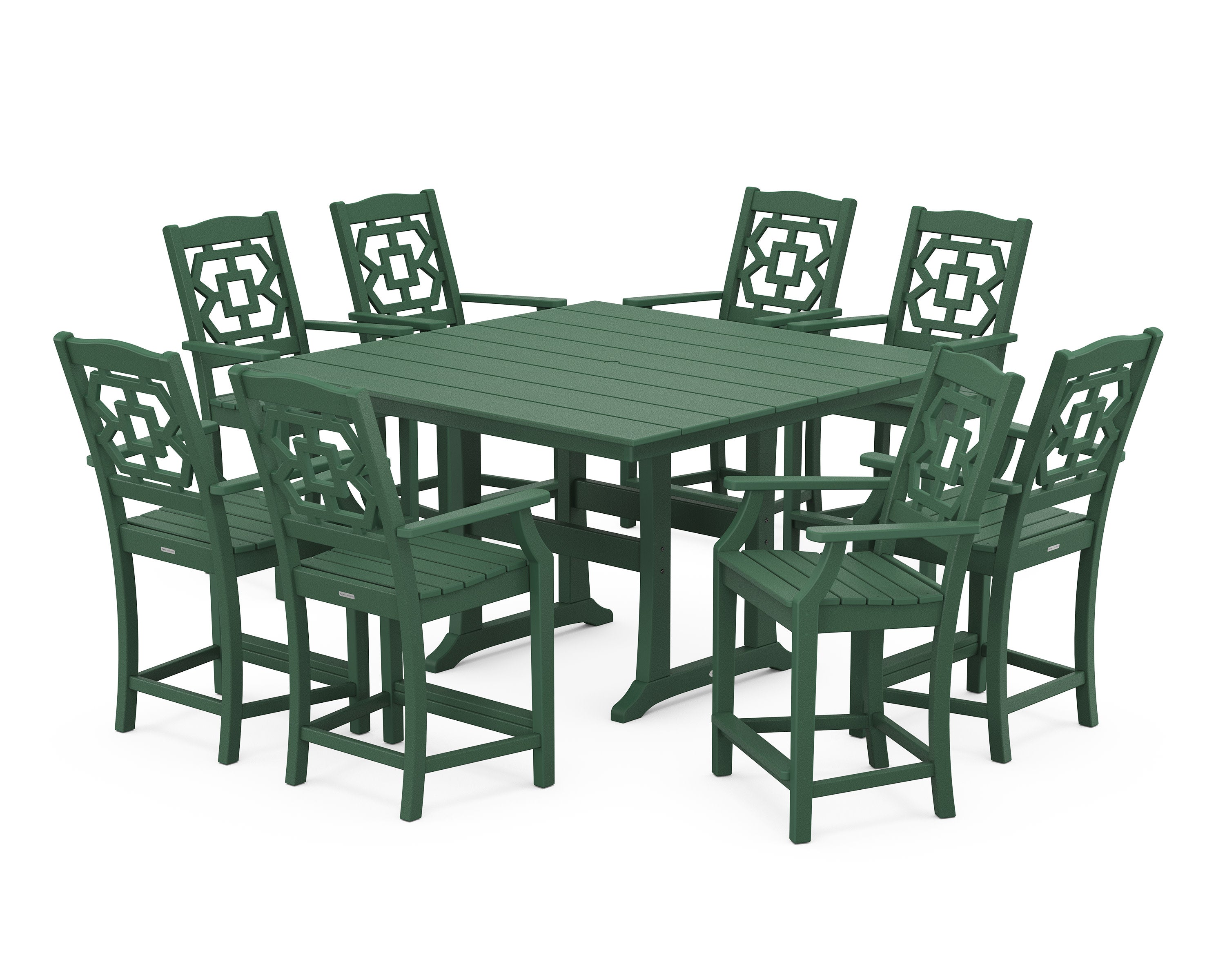 Chinoiserie 9-Piece Square Farmhouse Counter Set with Trestle Legs in Green