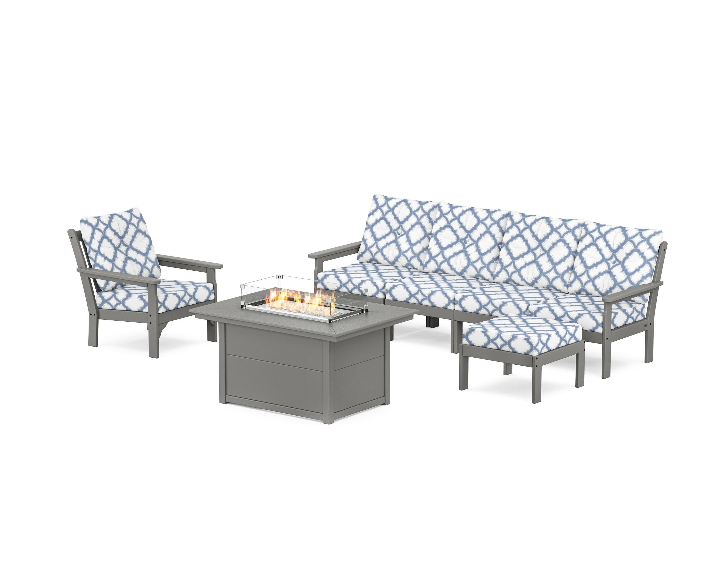 Vineyard Sectional Lounge and Fire Pit Set in Slate Grey / Trellis Sky Blue