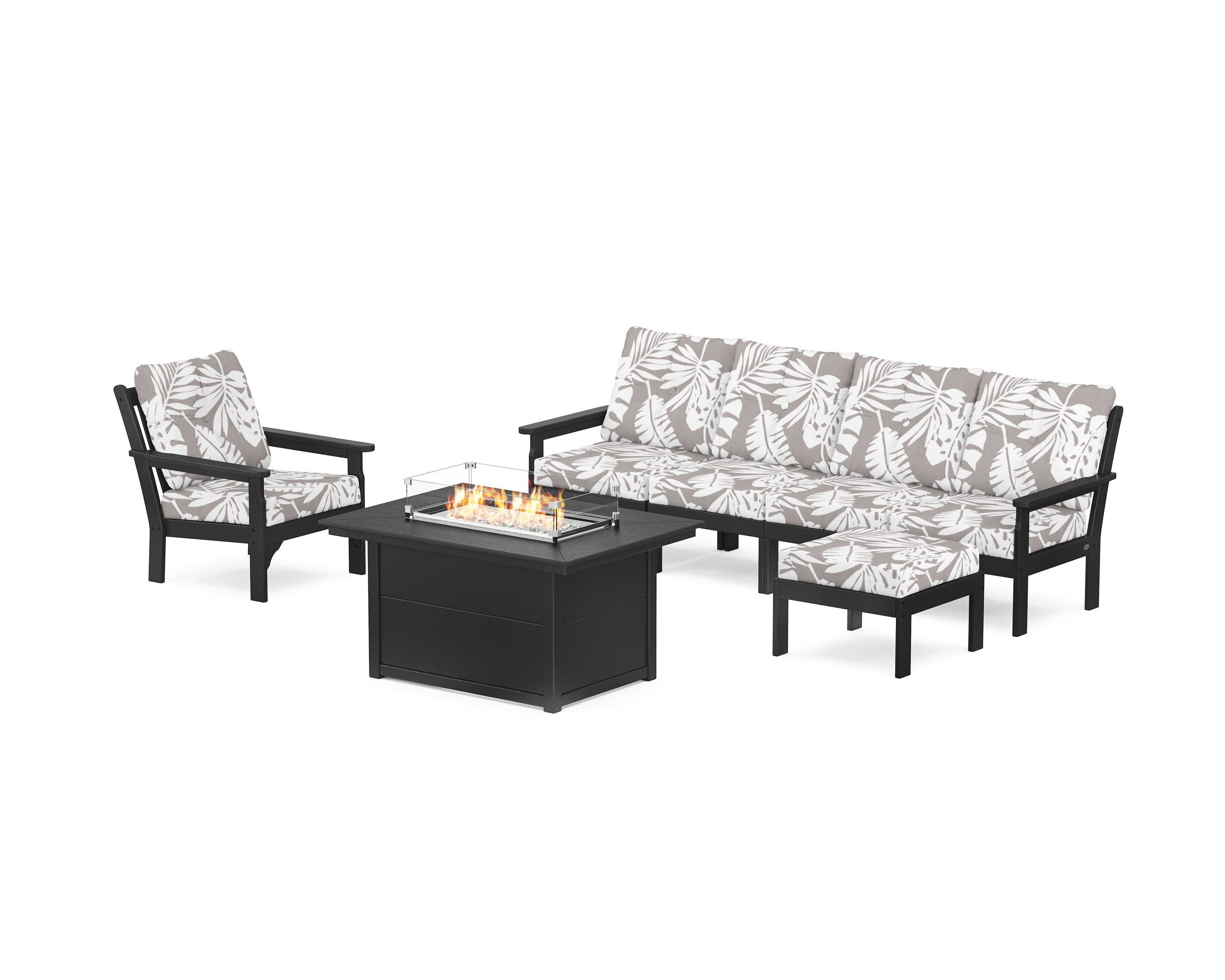 Vineyard Sectional Lounge and Fire Pit Set in Black / Leaf Grey Mist